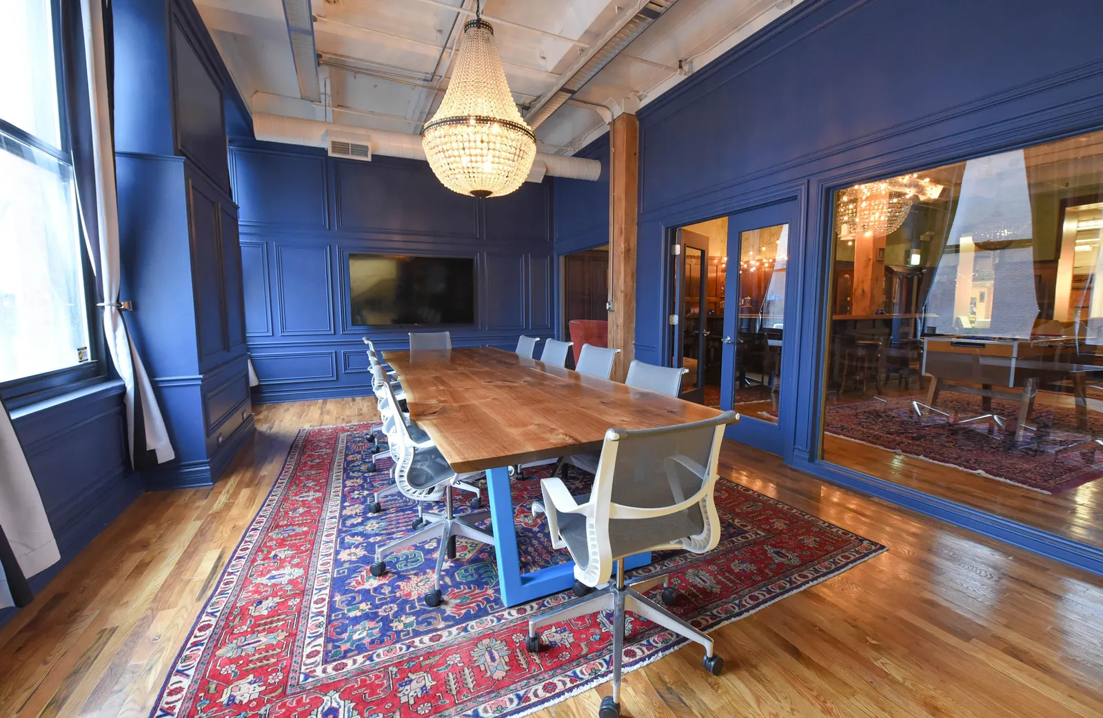 Custom urban walnut live edge conference table trapezoid steel powdercoat base by icon modern