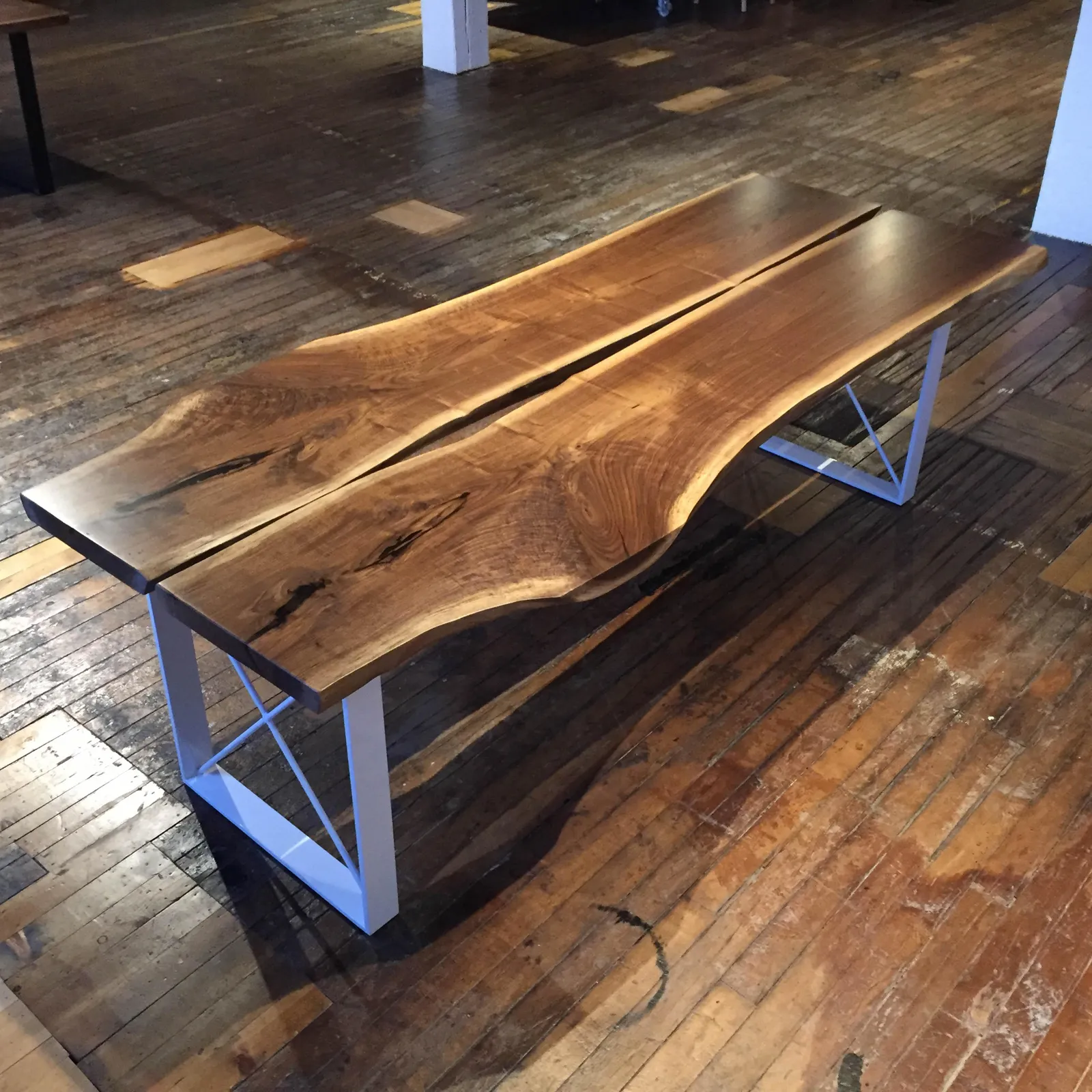 Custom urban walnut live edge slabs powdercoat cross base by icon modern