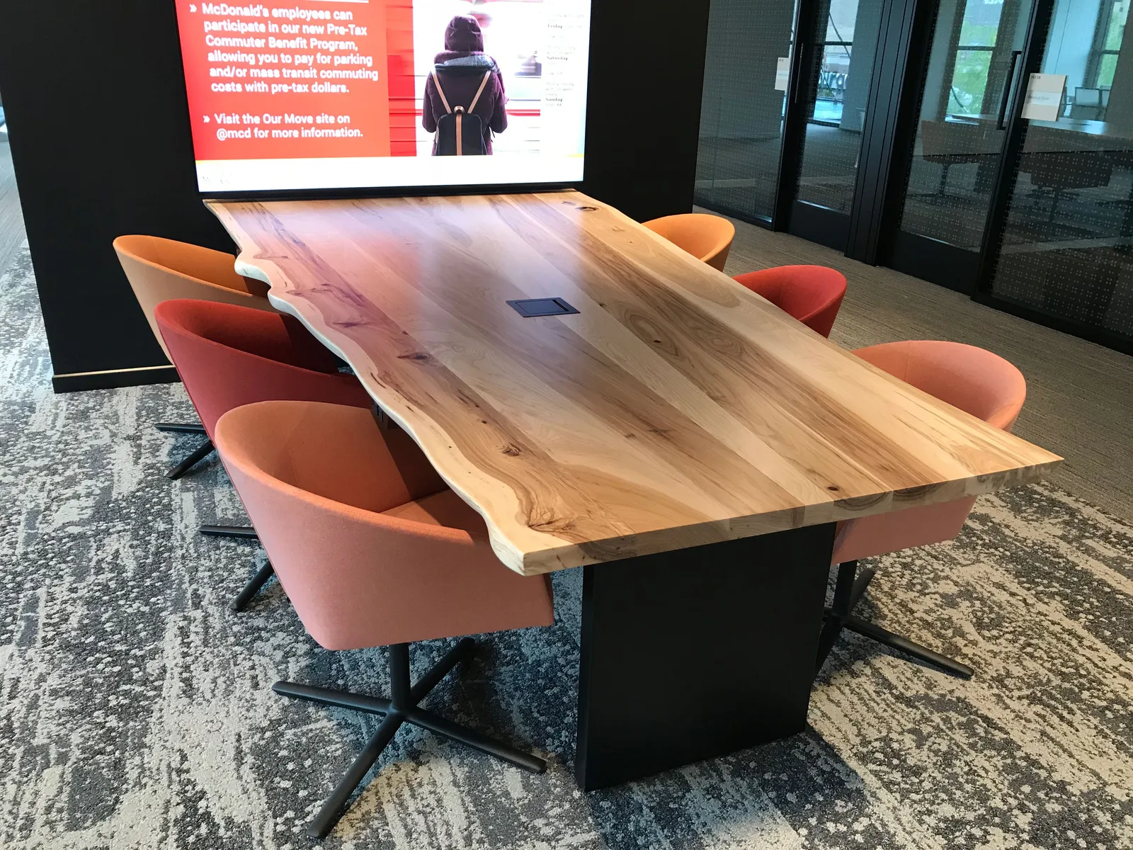 Custom urban hickory live edge wood conference table power steel panel base by icon modern