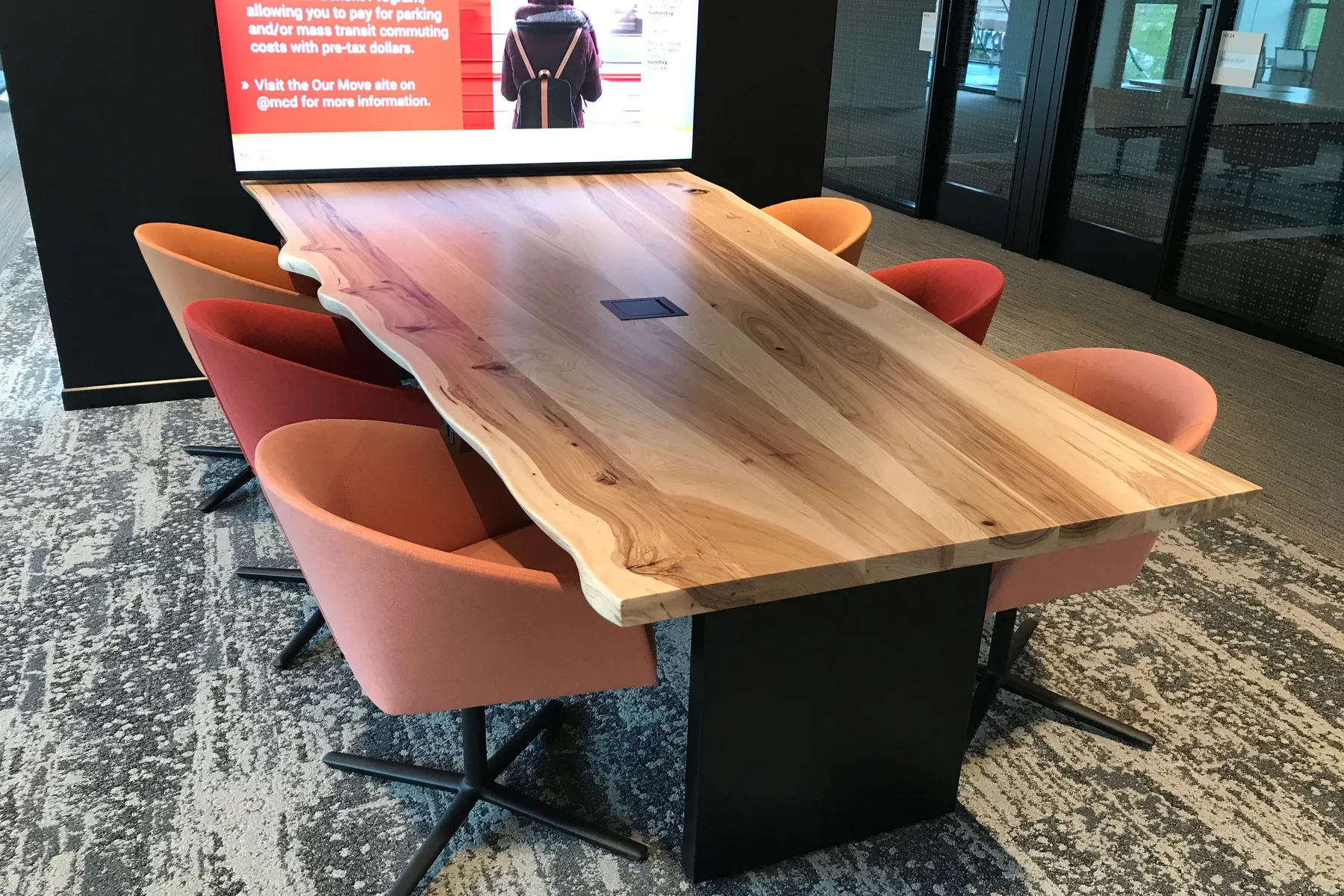 Custom urban hickory live edge wood conference table power steel panel base by icon modern