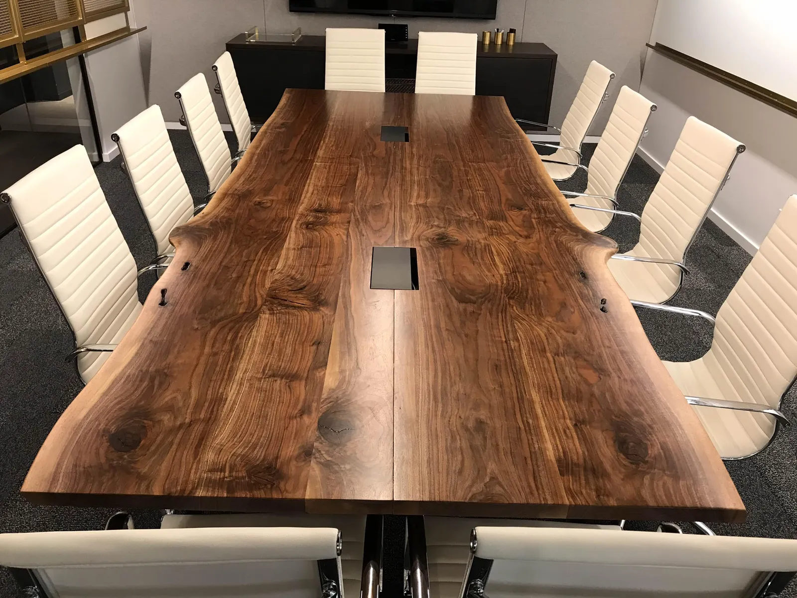 Custom live edge walnut conference table power by icon modern