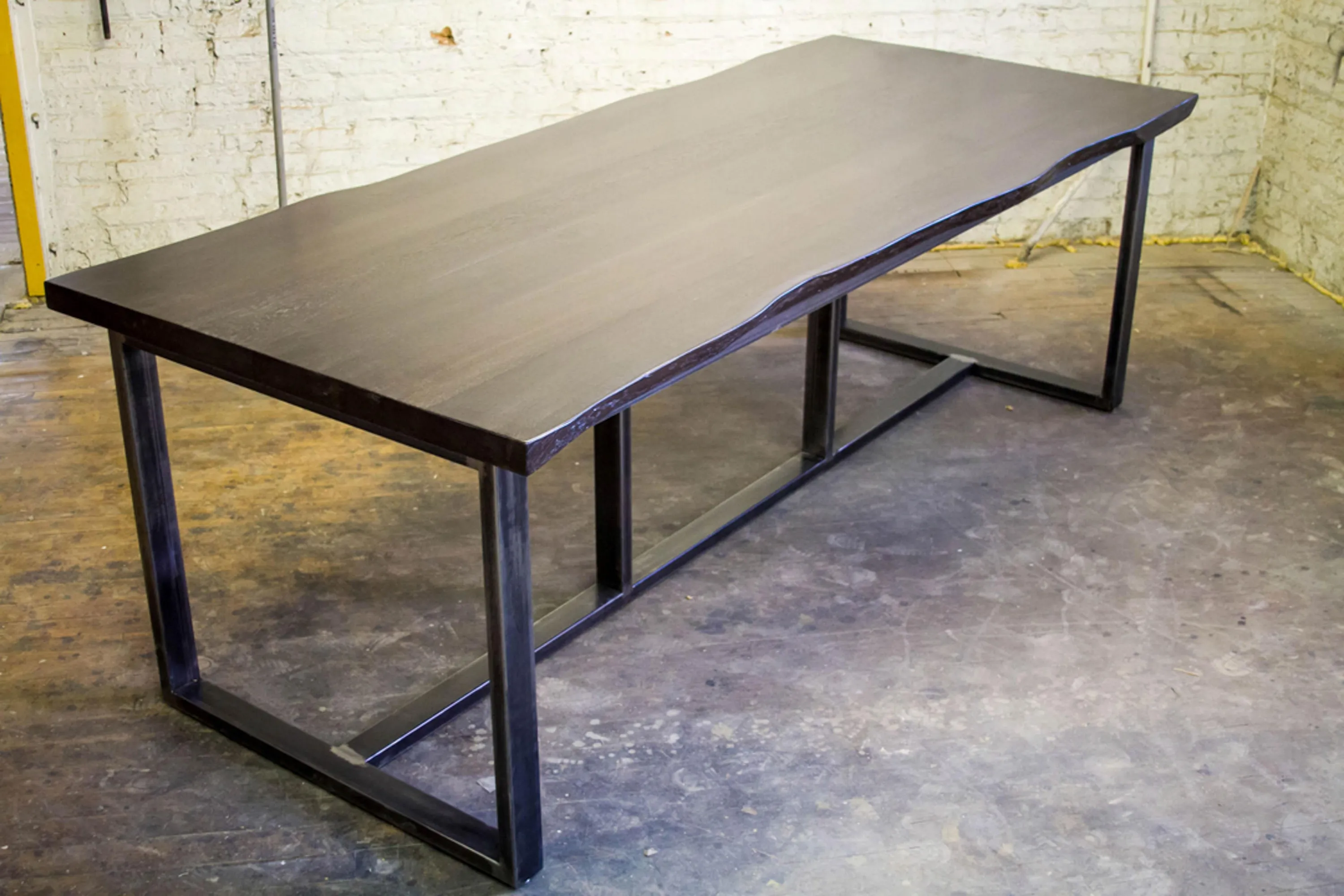 Custom stain live edge urban ash conference community table steel base by icon modern