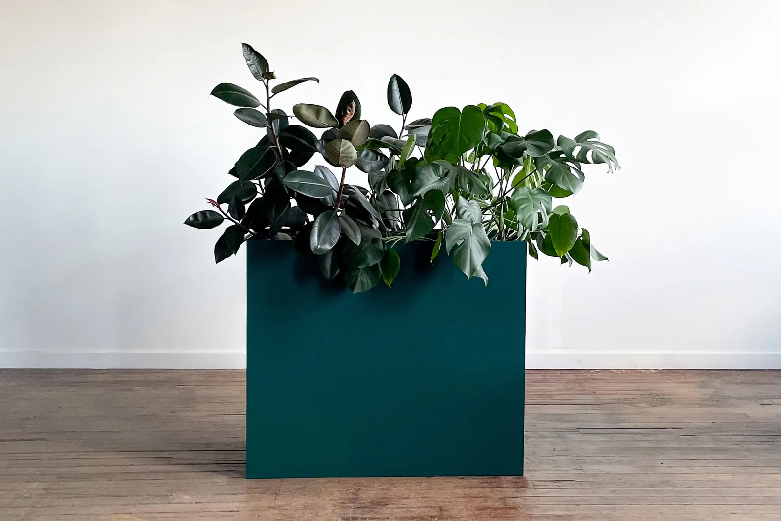 custom steel planter box in dark teal powdercoat finish