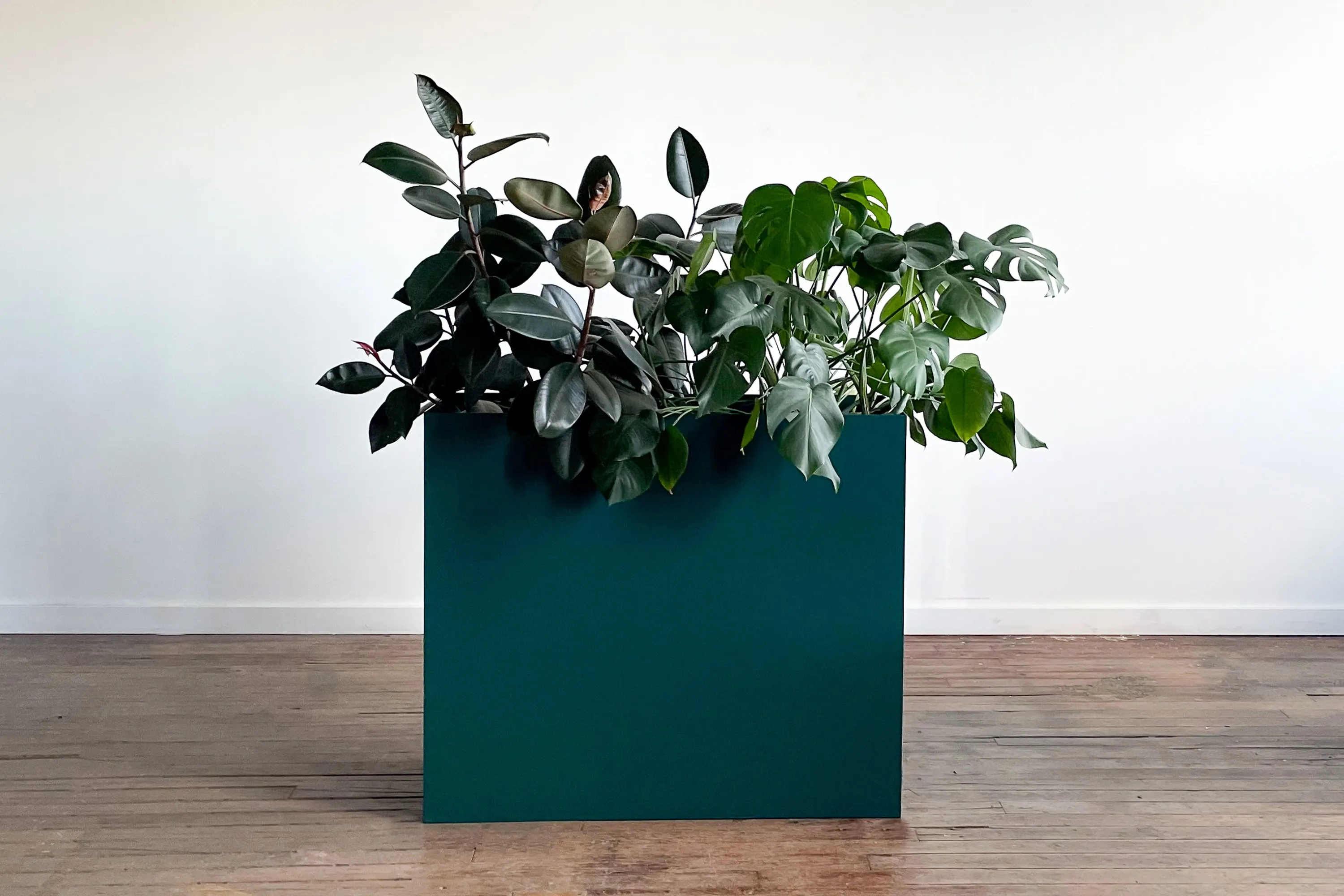 custom steel planter box in dark teal powdercoat finish