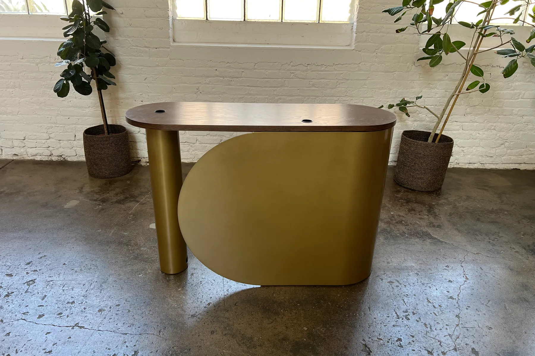 custom reception host stand in steel and wood by Icon Modern