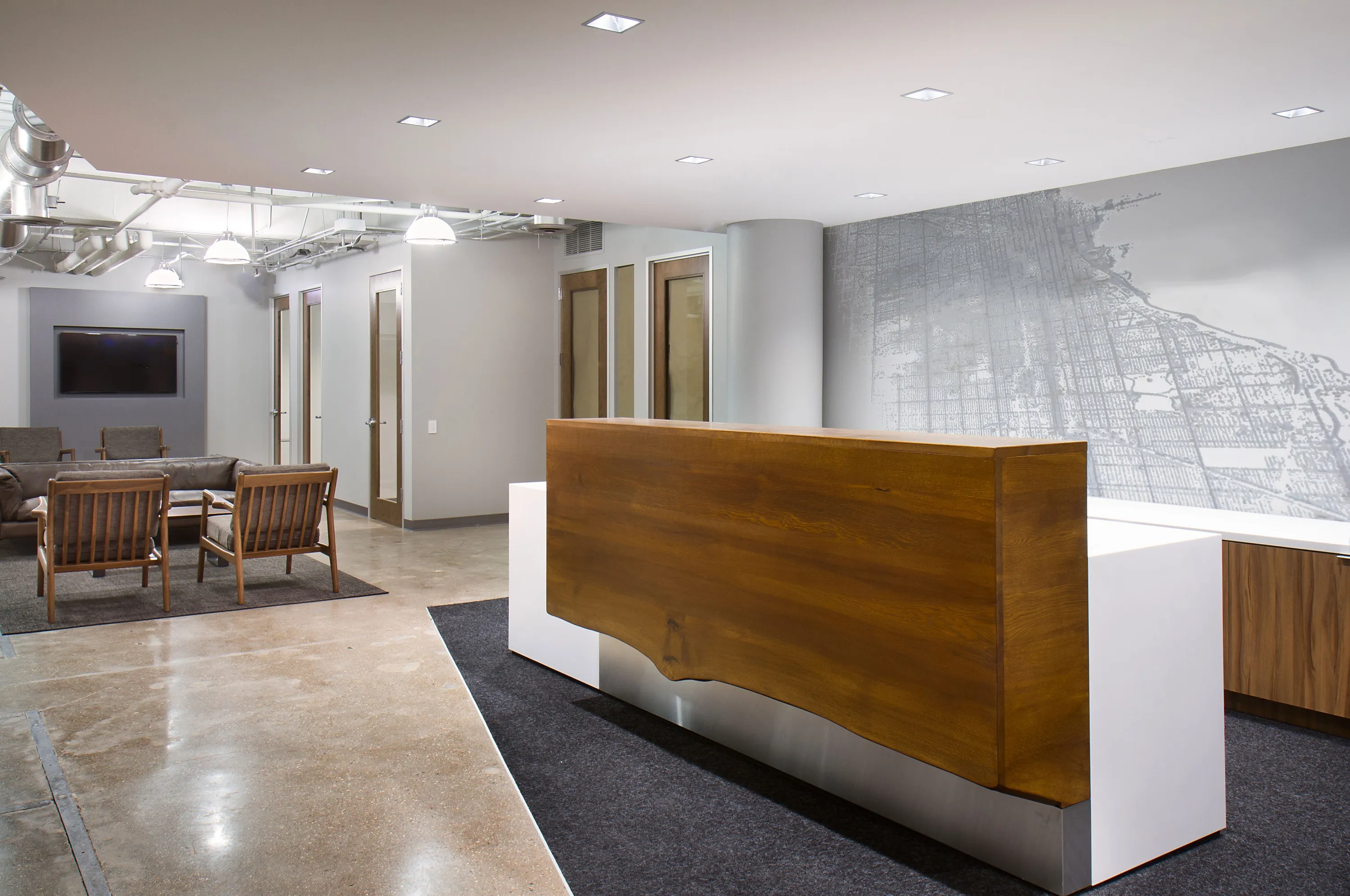 Custom urban live edge walnut solid surface transaction reception desk by icon modern