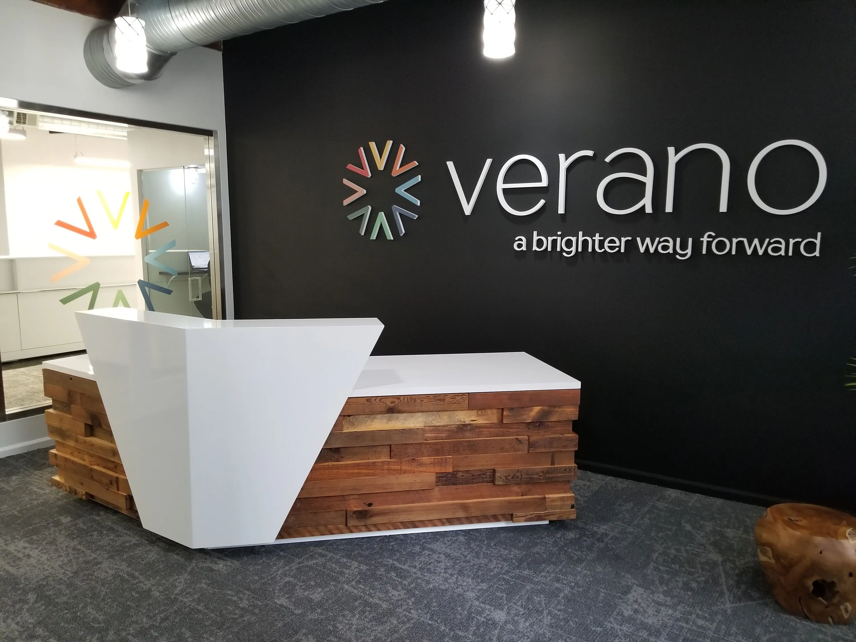 Custom urban wood old growth solid surface reception desk by icon modern