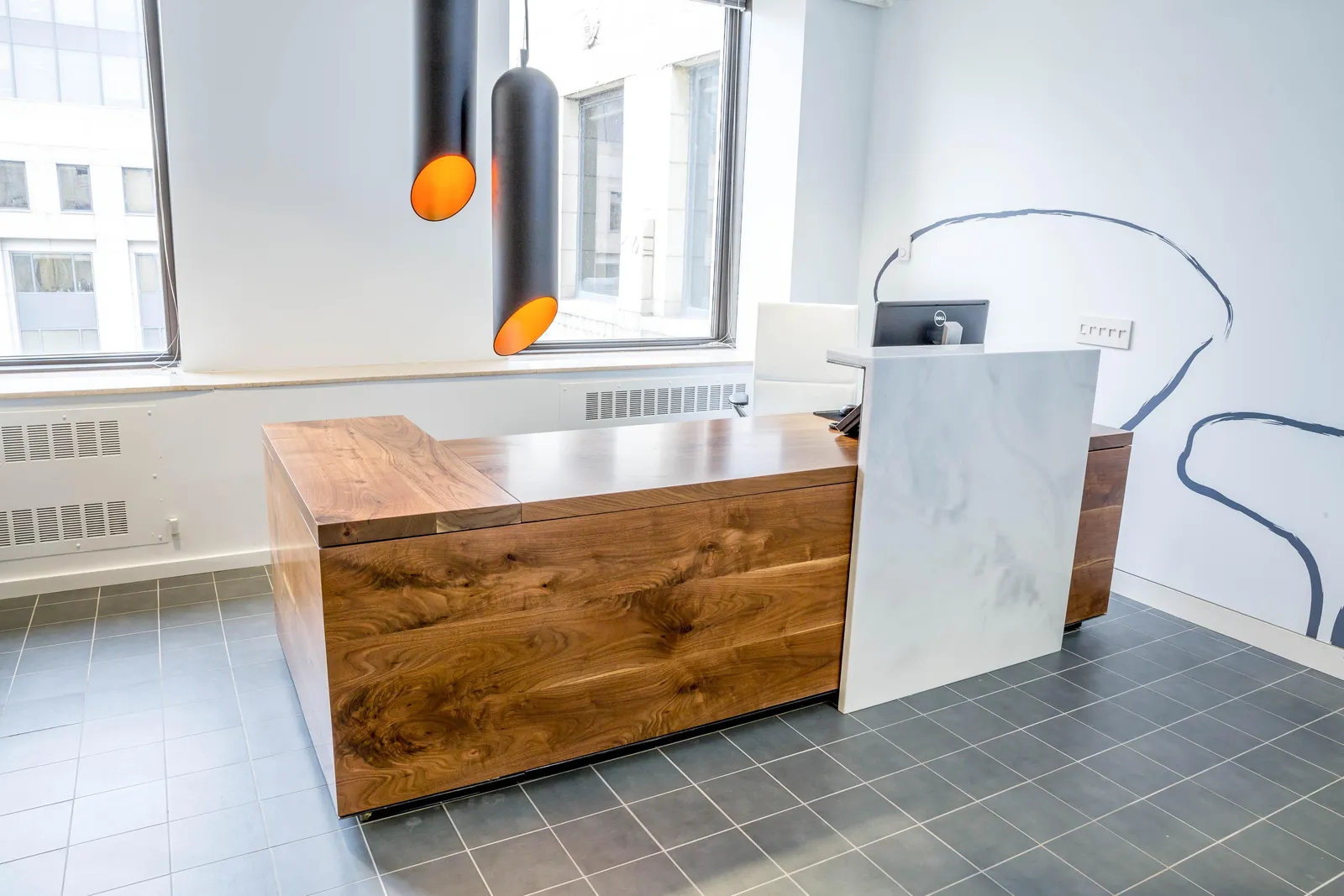Custom urban walnut solid surface transaction reception desk by icon modern
