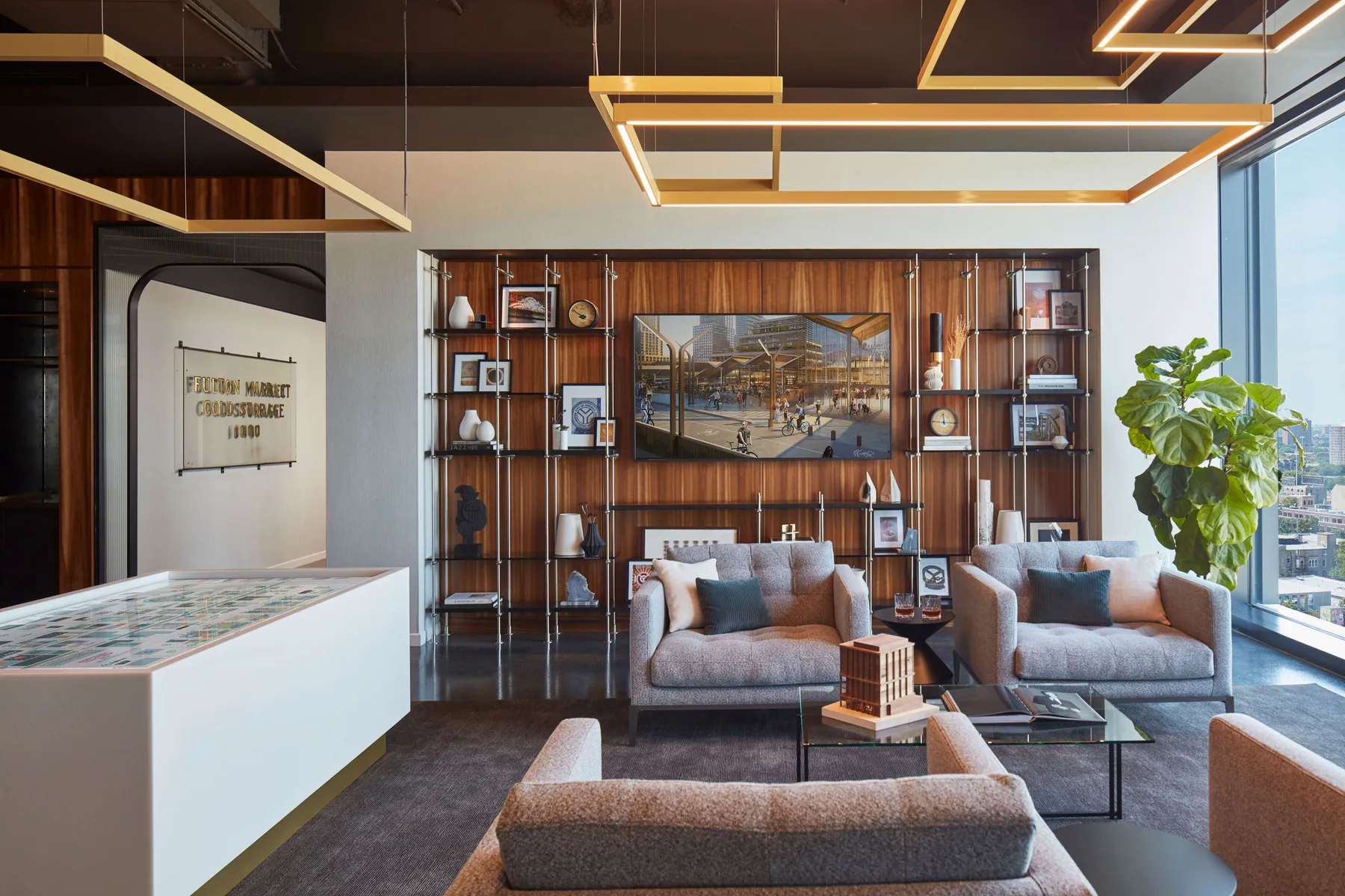 custom shelving with stainless steel, glass and urban wood by Icon Modern