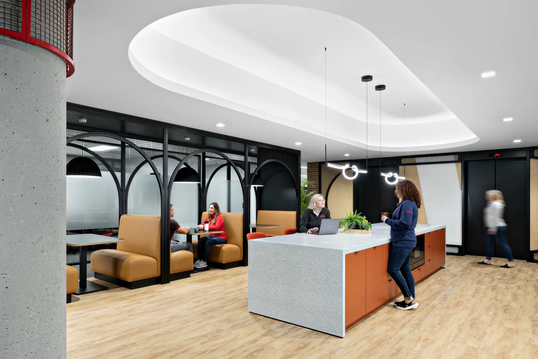 custom arched steel booth surrounds + wire mesh infill by Icon Modern