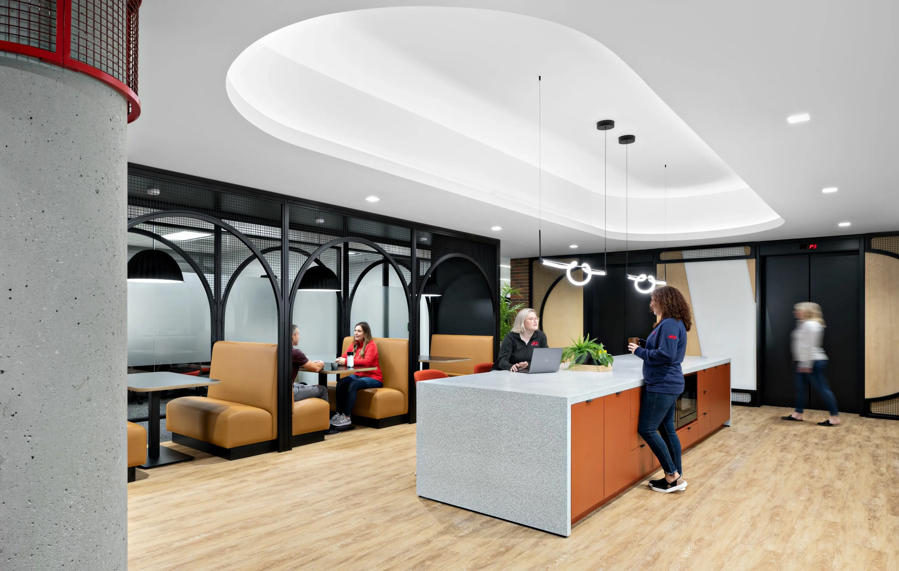 custom arched steel booth surrounds + wire mesh infill by Icon Modern