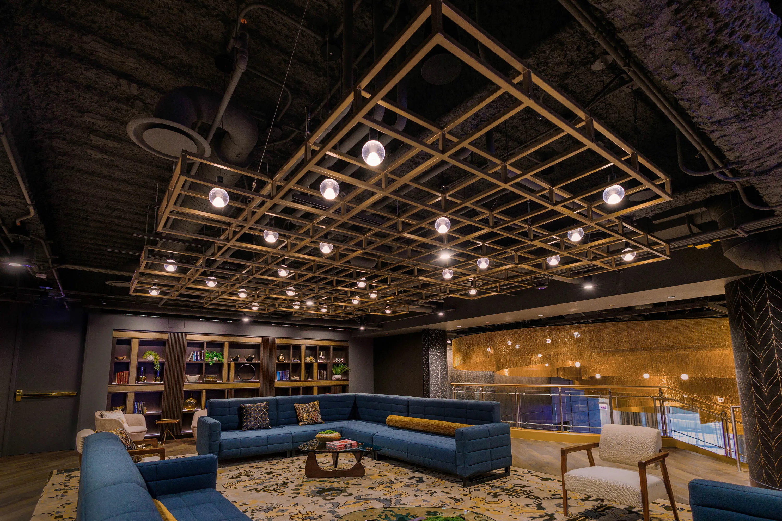 custom ceiling element with steel tube grid and brass color powdercoat by Icon Modern