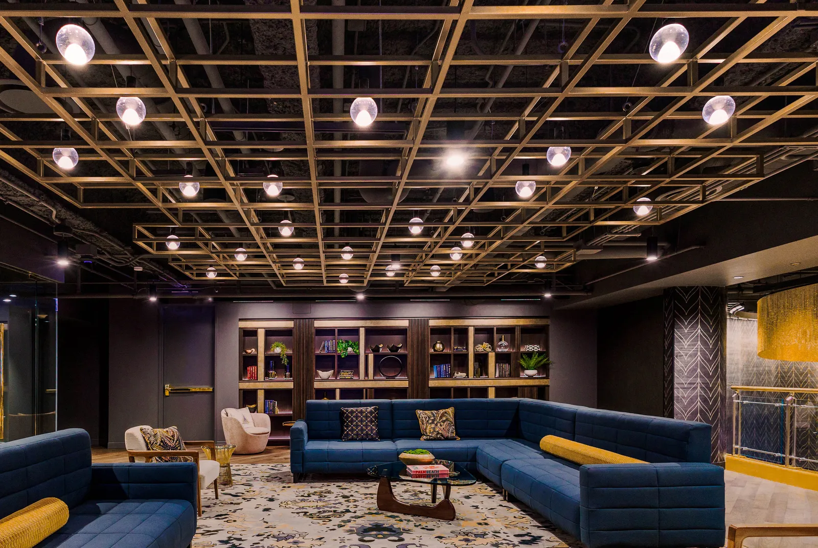 custom steel tube grid ceiling element with a custom gold powdercoat finish by Icon Modern