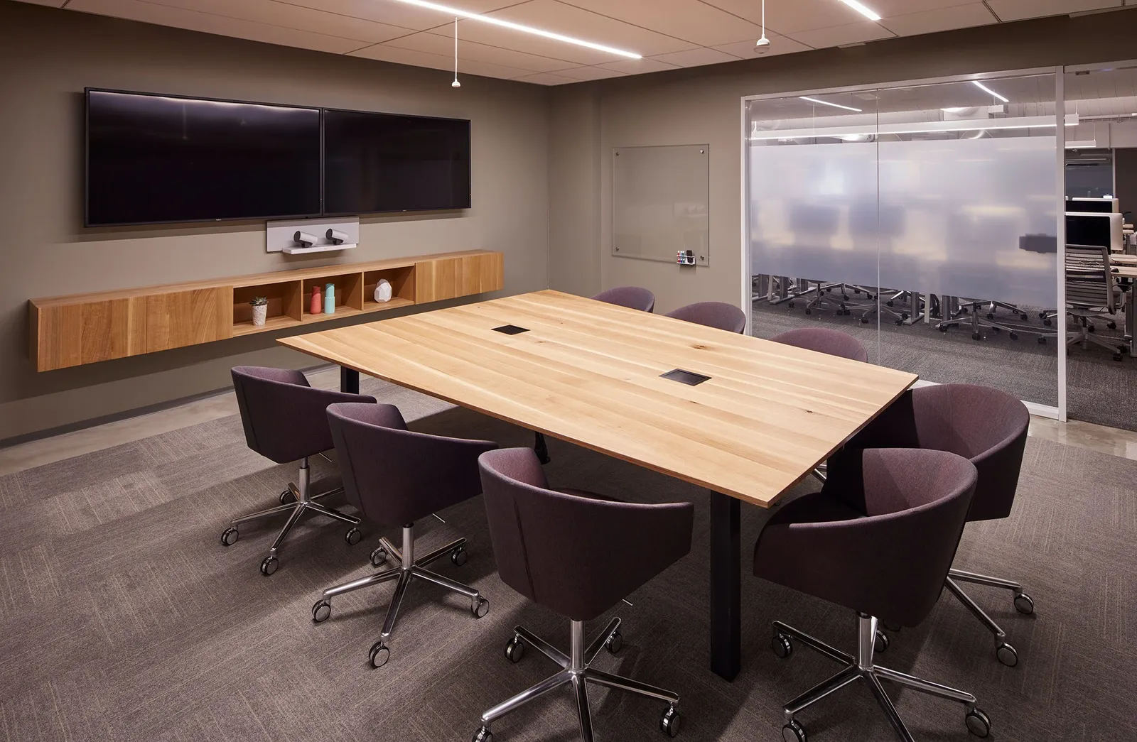 custom conference table oak with power integration by Icon Modern