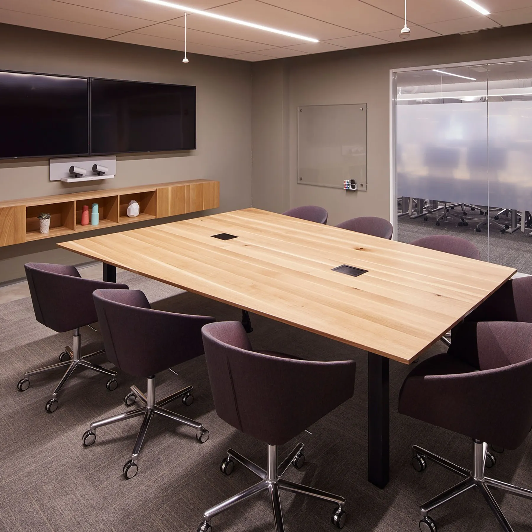 custom conference table oak with power integration by Icon Modern