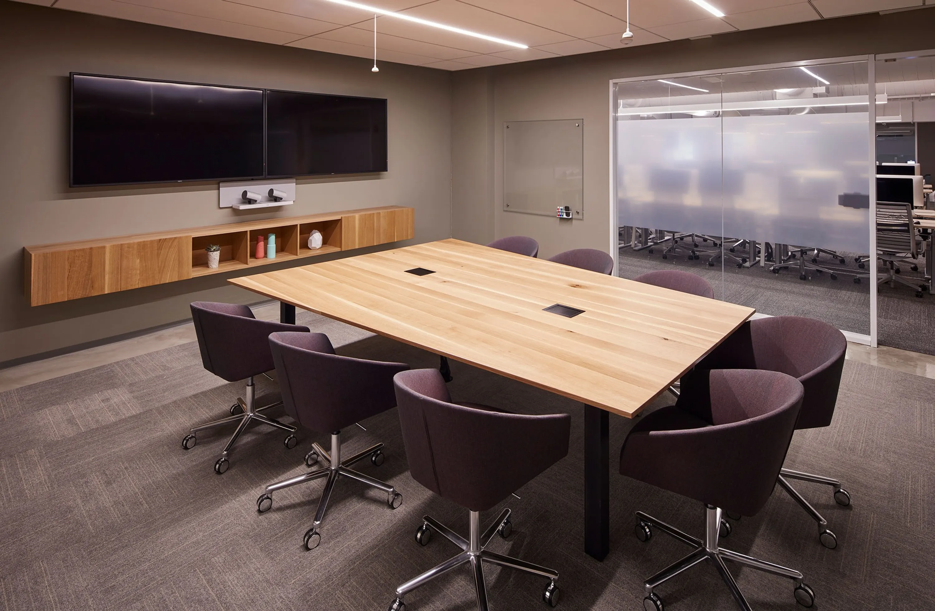 custom conference table oak with power integration by Icon Modern