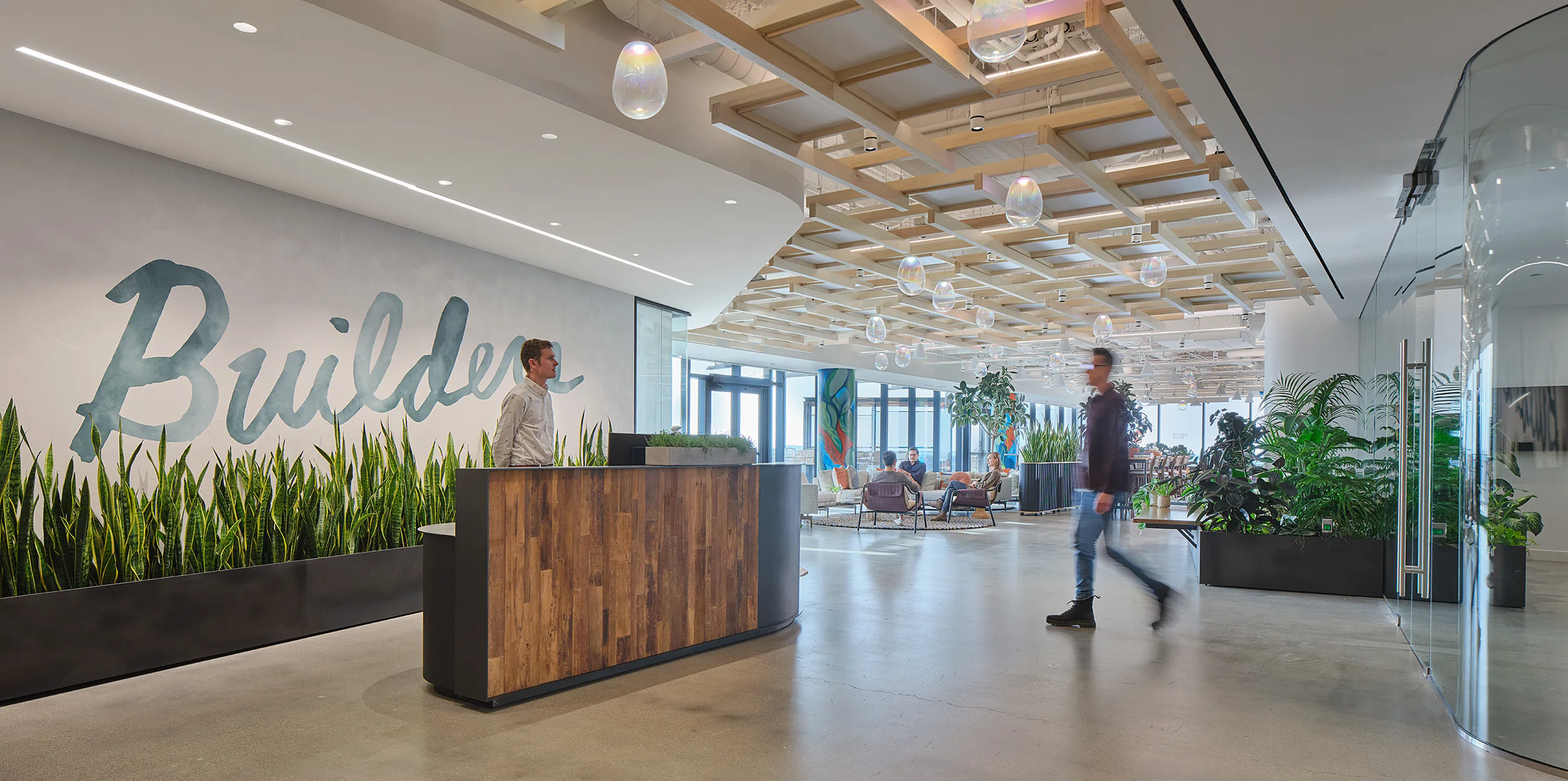 Custom reception desk and steel planters Icon Modern
