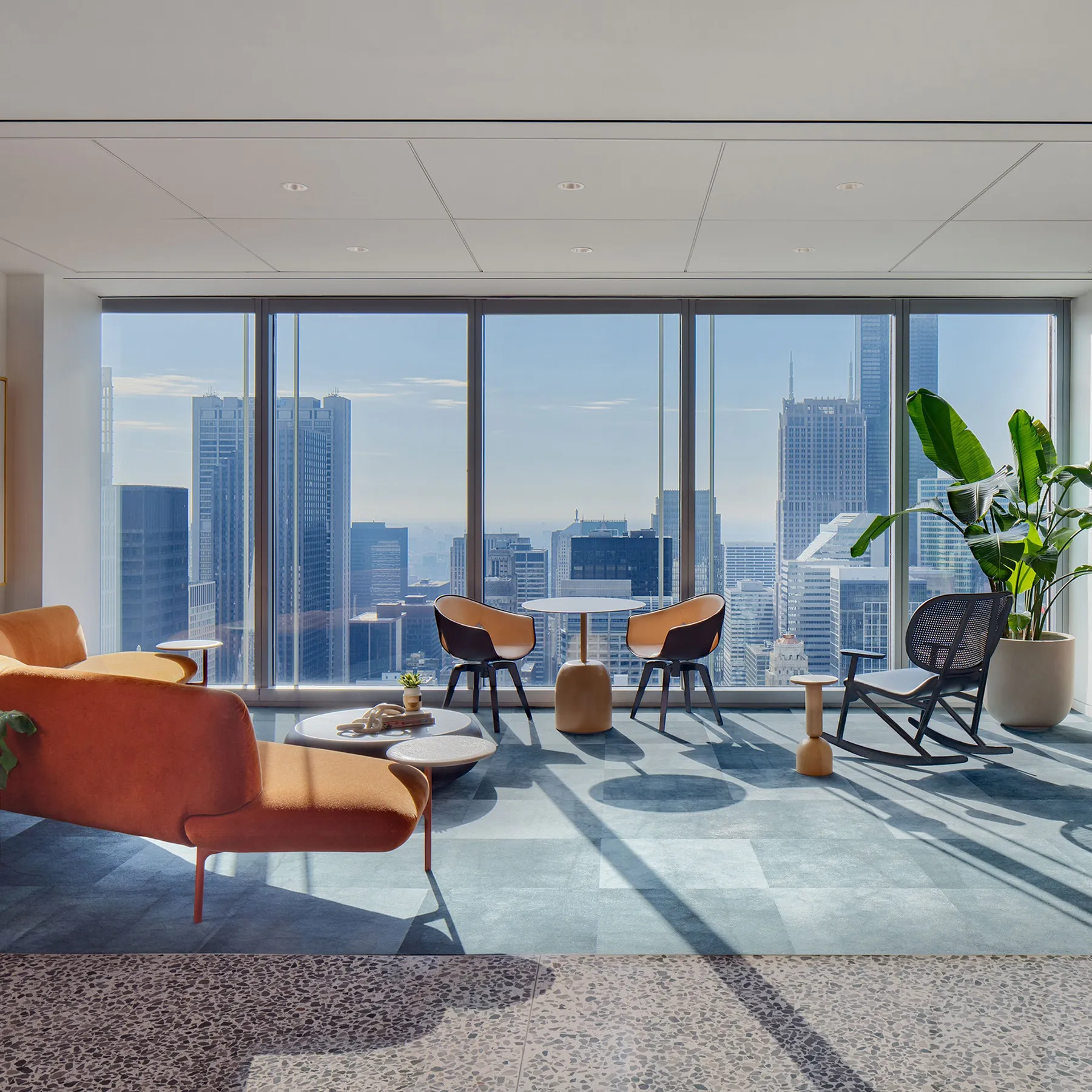 custom round cafe table and purple credenza by Icon Modern