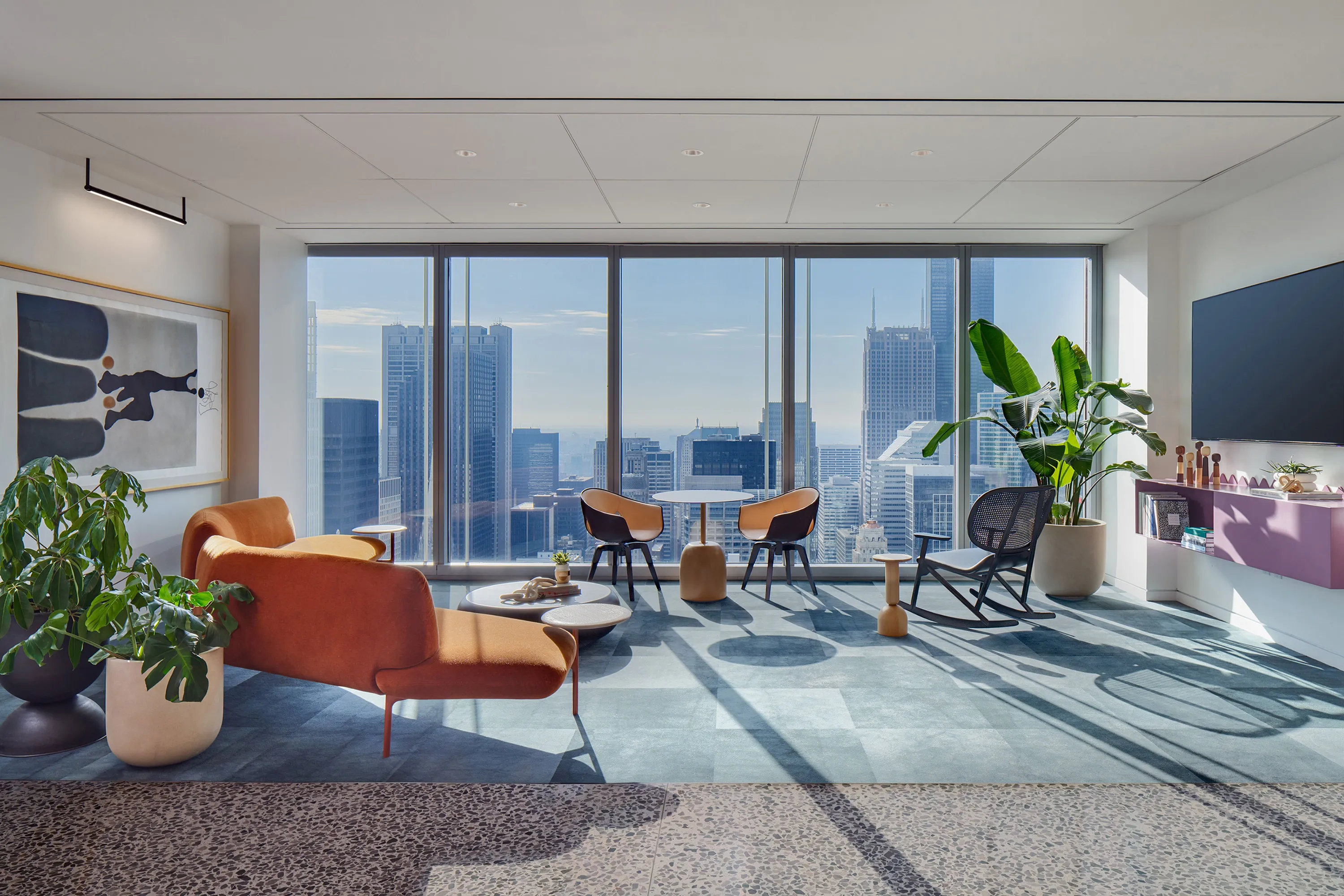 custom round cafe table and purple credenza by Icon Modern