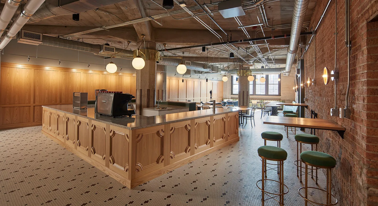 custom cafe tabletops in urban elm attached with steel bar by Icon Modern