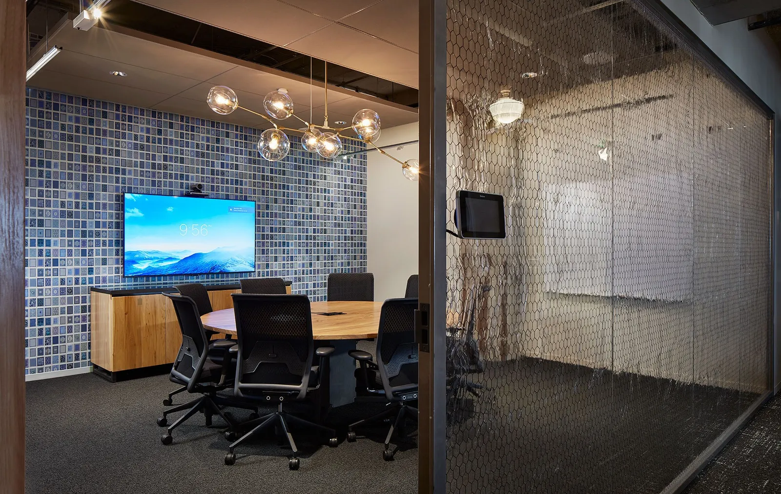 custom conference table in urban elm with credenza by Icon Modern