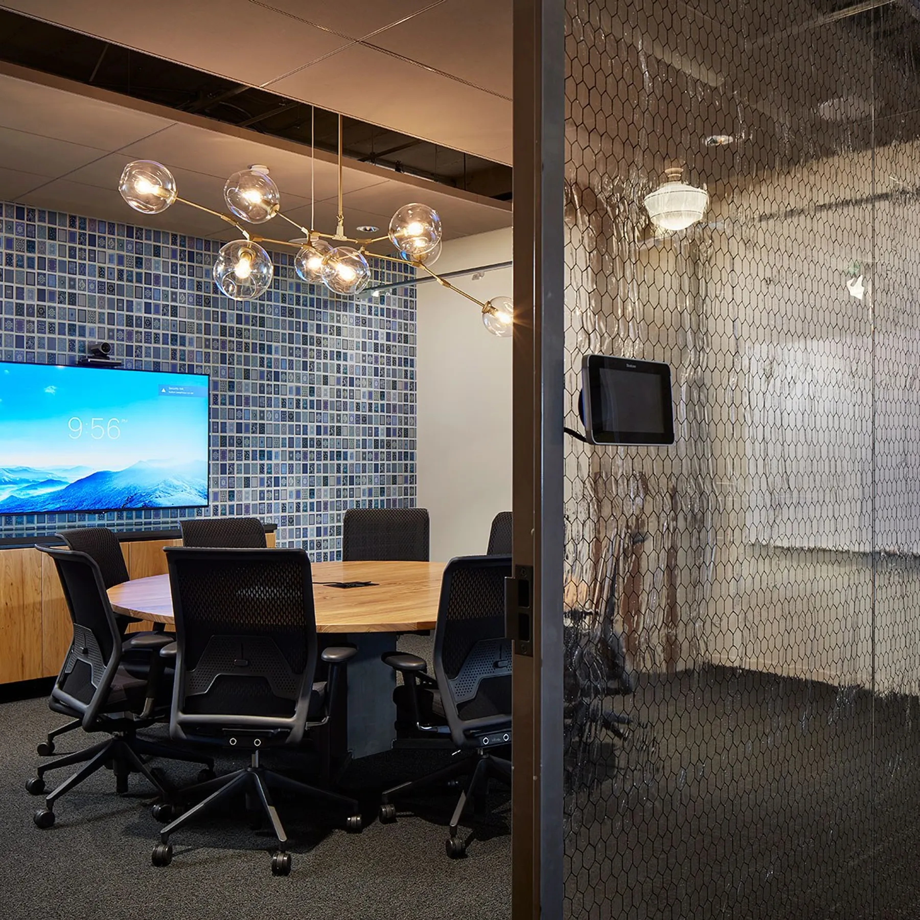 custom conference table in urban elm with credenza by Icon Modern