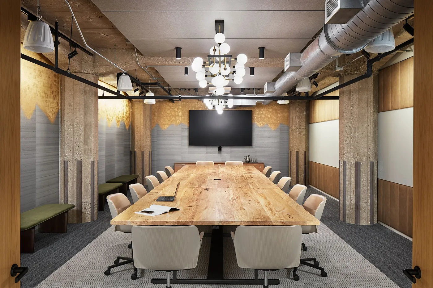 custom conference table in urban elm with drop-in power by Icon Modern