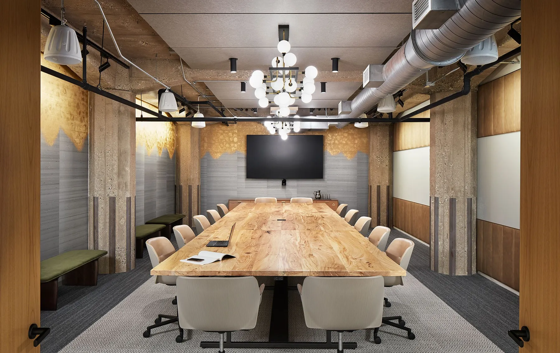 custom conference table in urban elm with drop-in power by Icon Modern