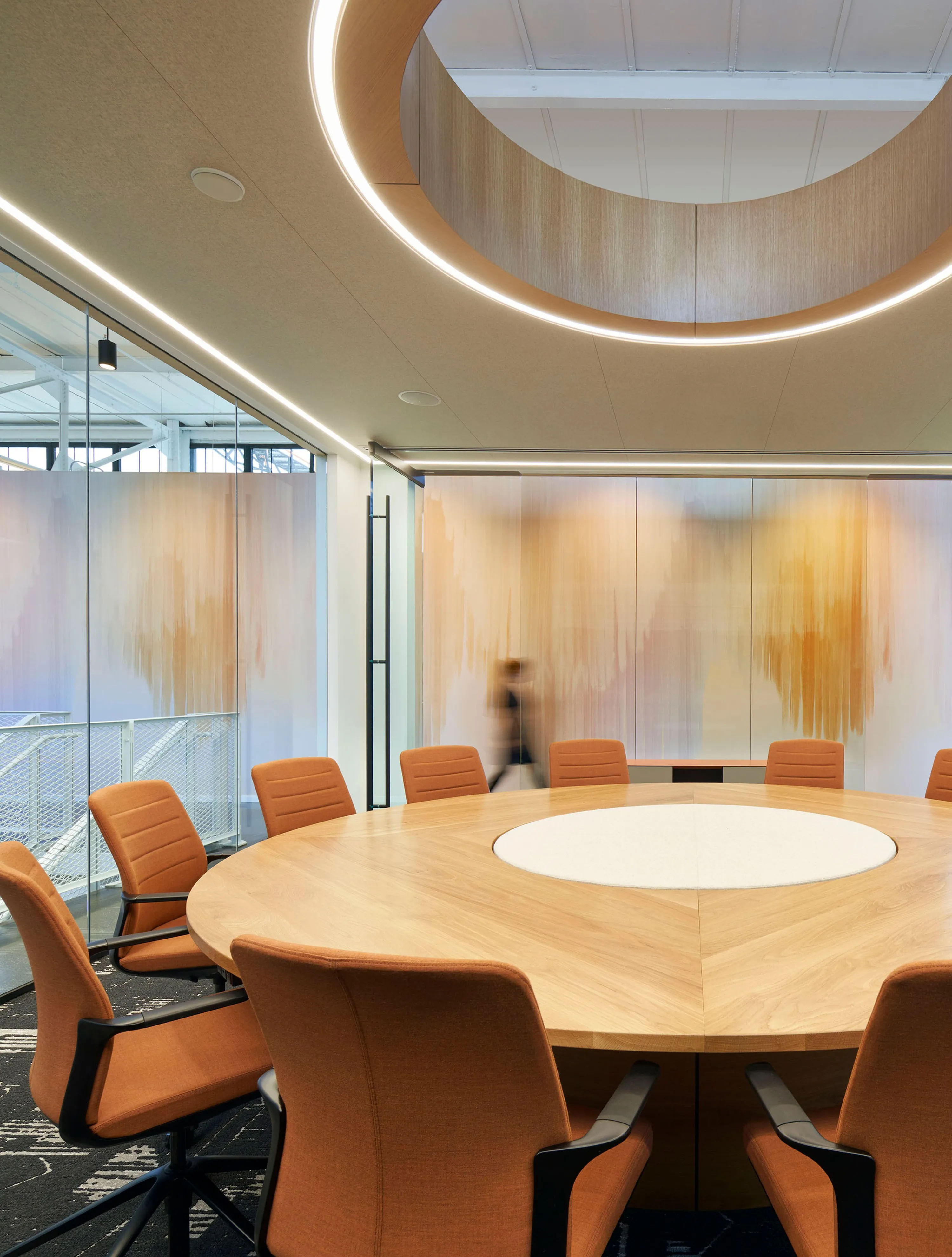 custom conference table made from urban oak with an acoustic infill panel by Icon Modern