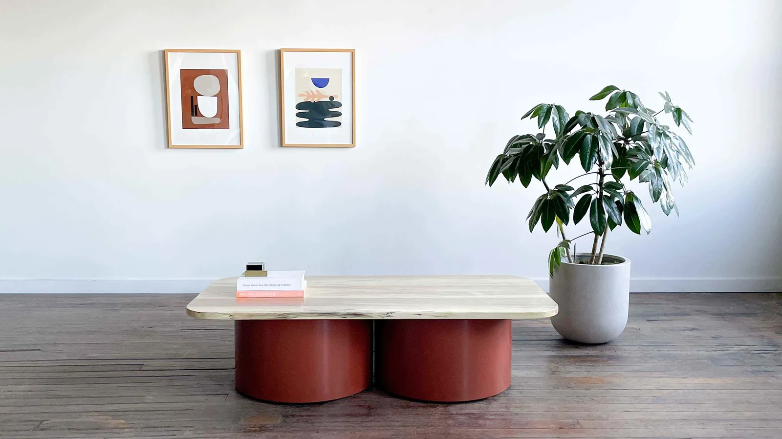 custom coffee table with urban elm top with dual steel drum base