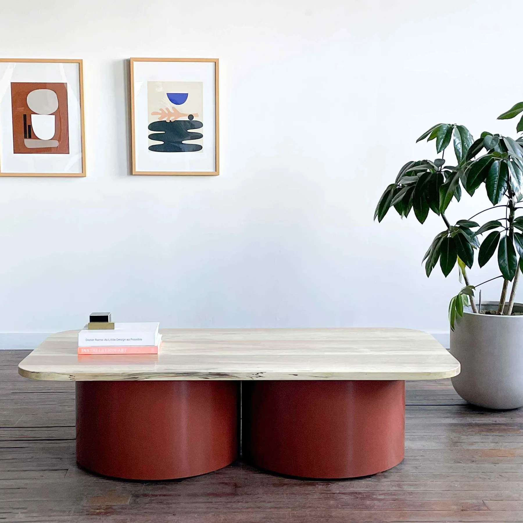 custom coffee table with urban elm top with dual steel drum base