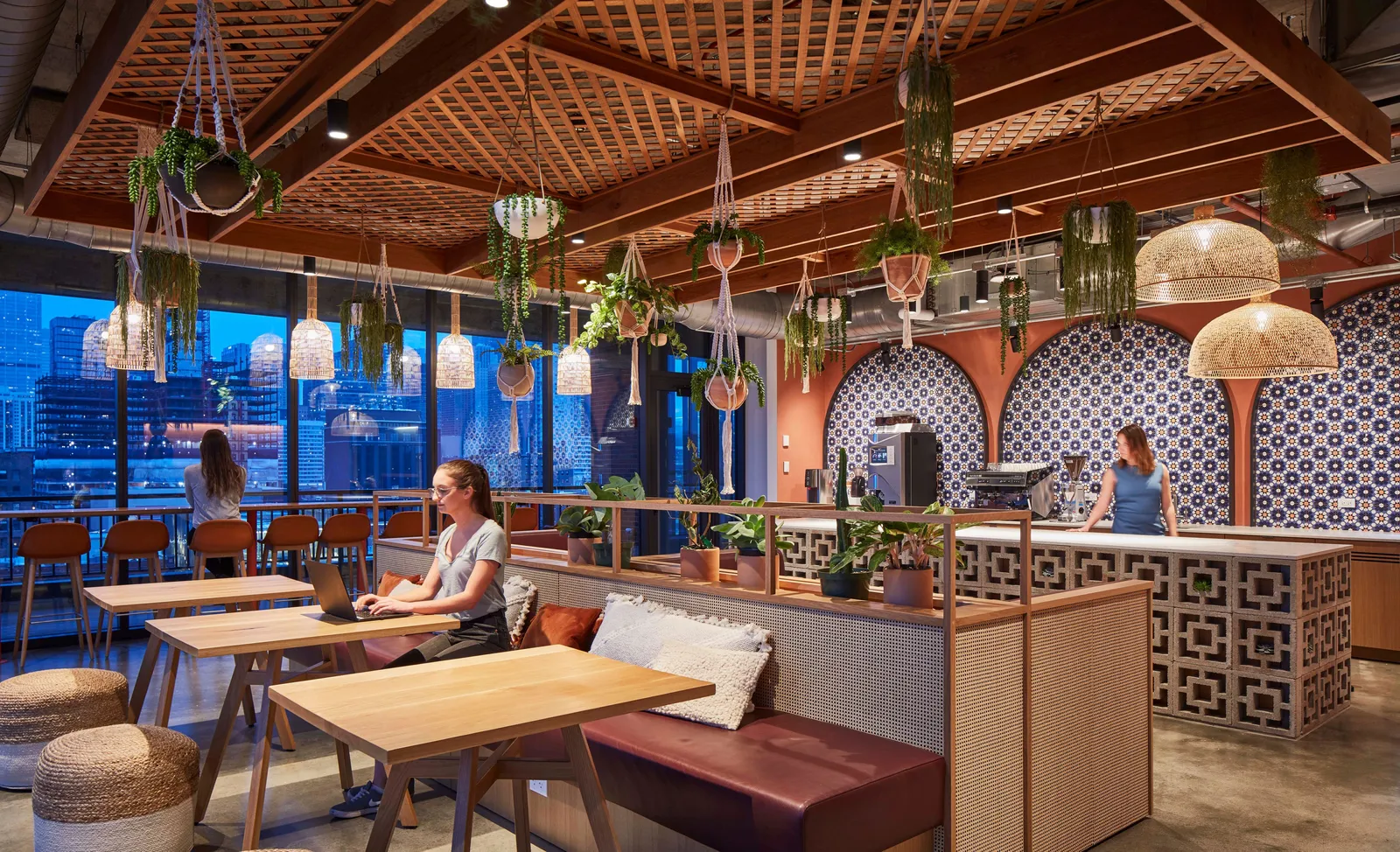 custom cafe tables in urban oak and oak ceiling plant trellis by Icon Modern