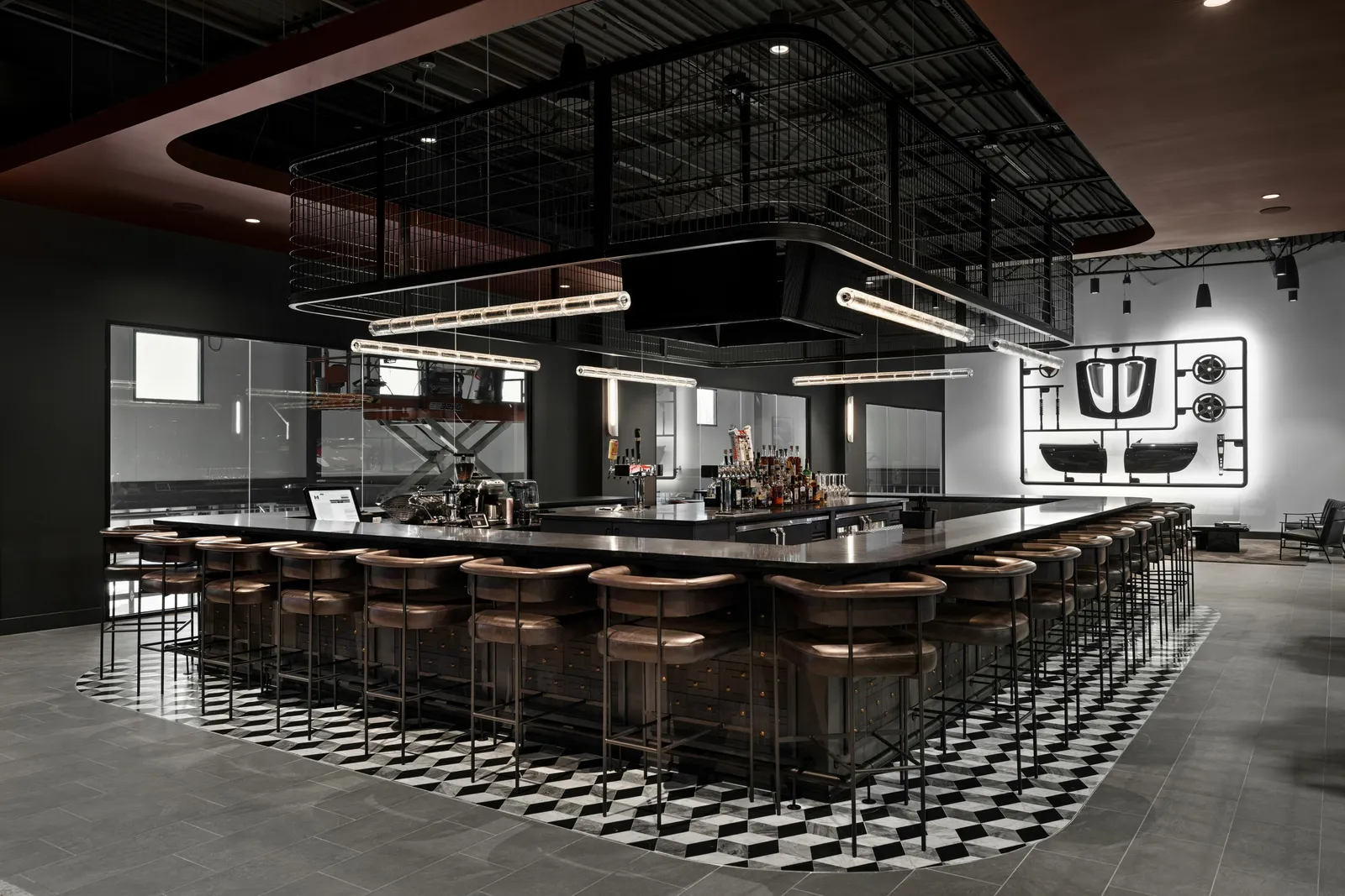 custom ceiling element with radiused corners, steel tube and wire mesh infill by Icon Modern