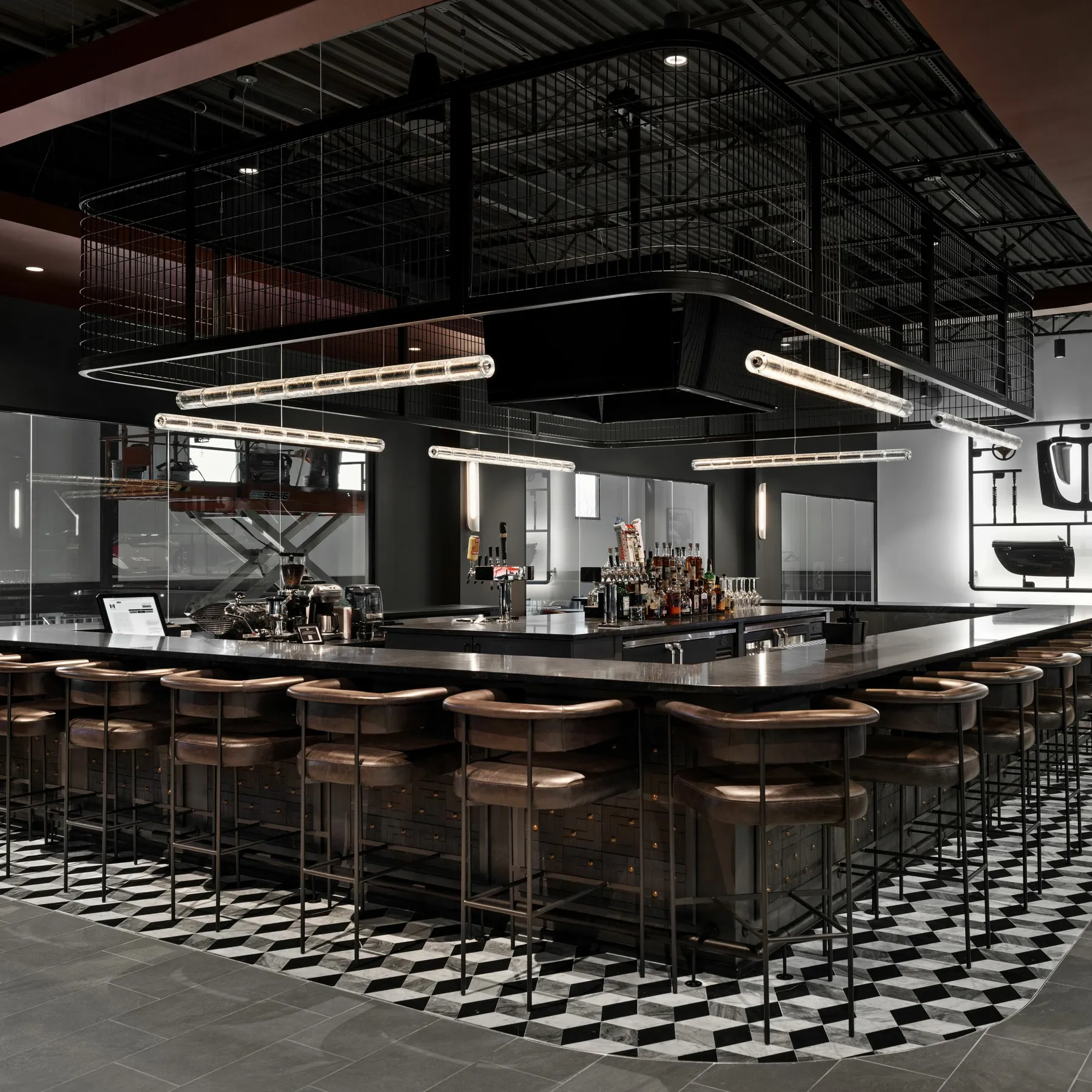 custom ceiling element with radiused corners, steel tube and wire mesh infill by Icon Modern