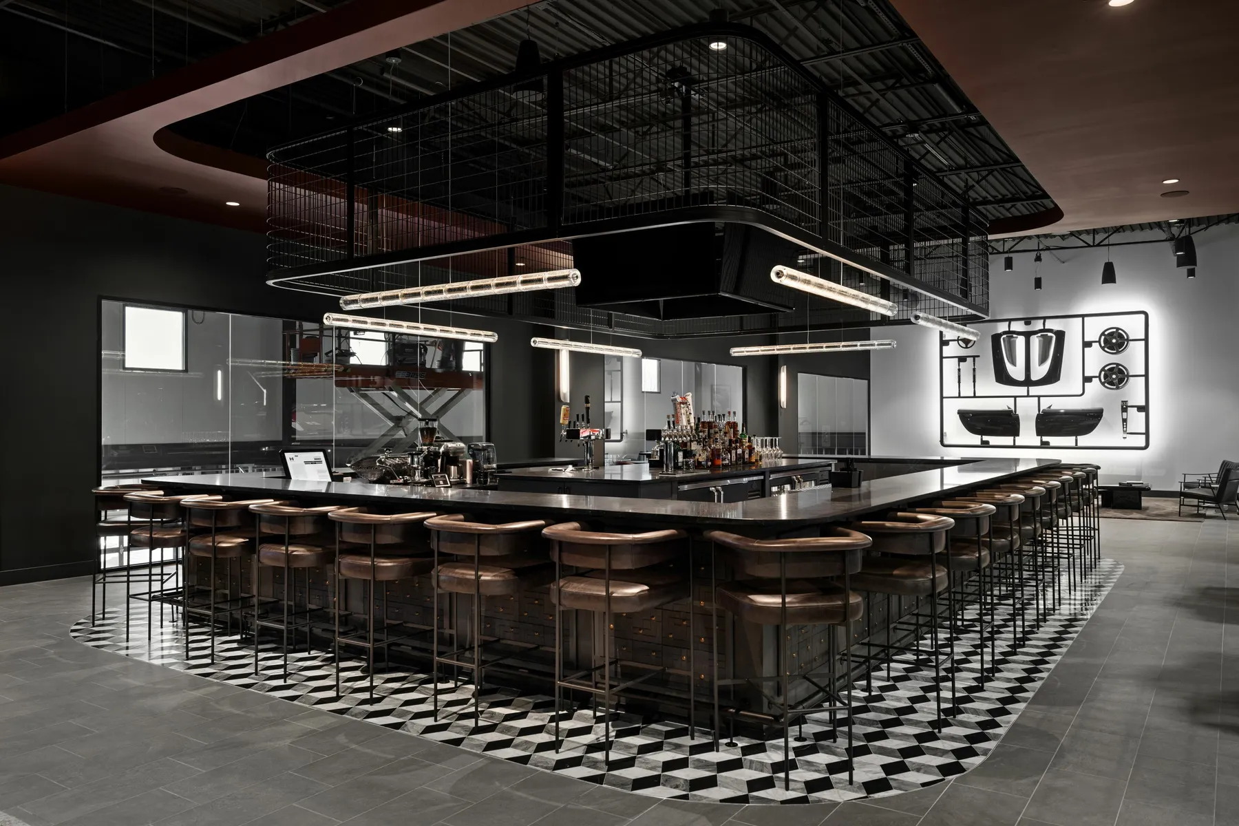 custom ceiling element with radiused corners, steel tube and wire mesh infill by Icon Modern