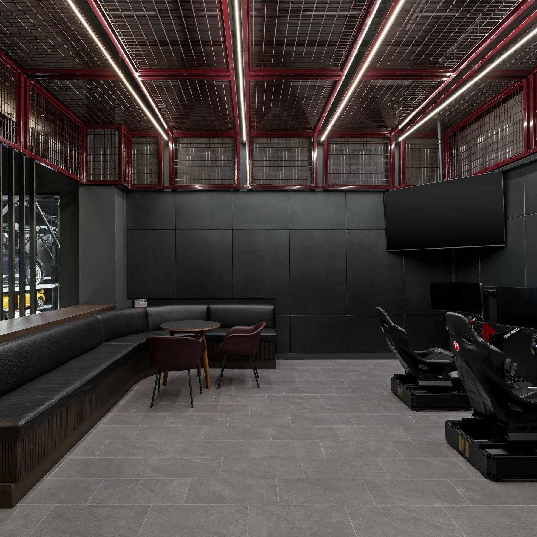 custom ceiling element in steel tube with wire mesh infill by Icon Modern