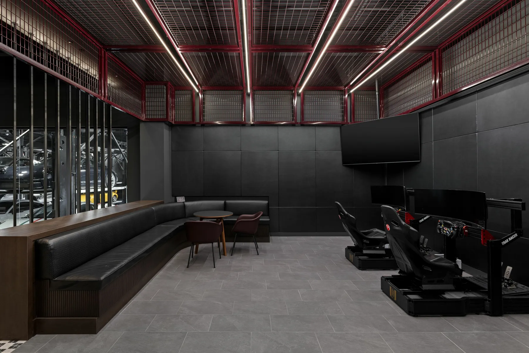 custom ceiling element in steel tube with wire mesh infill by Icon Modern