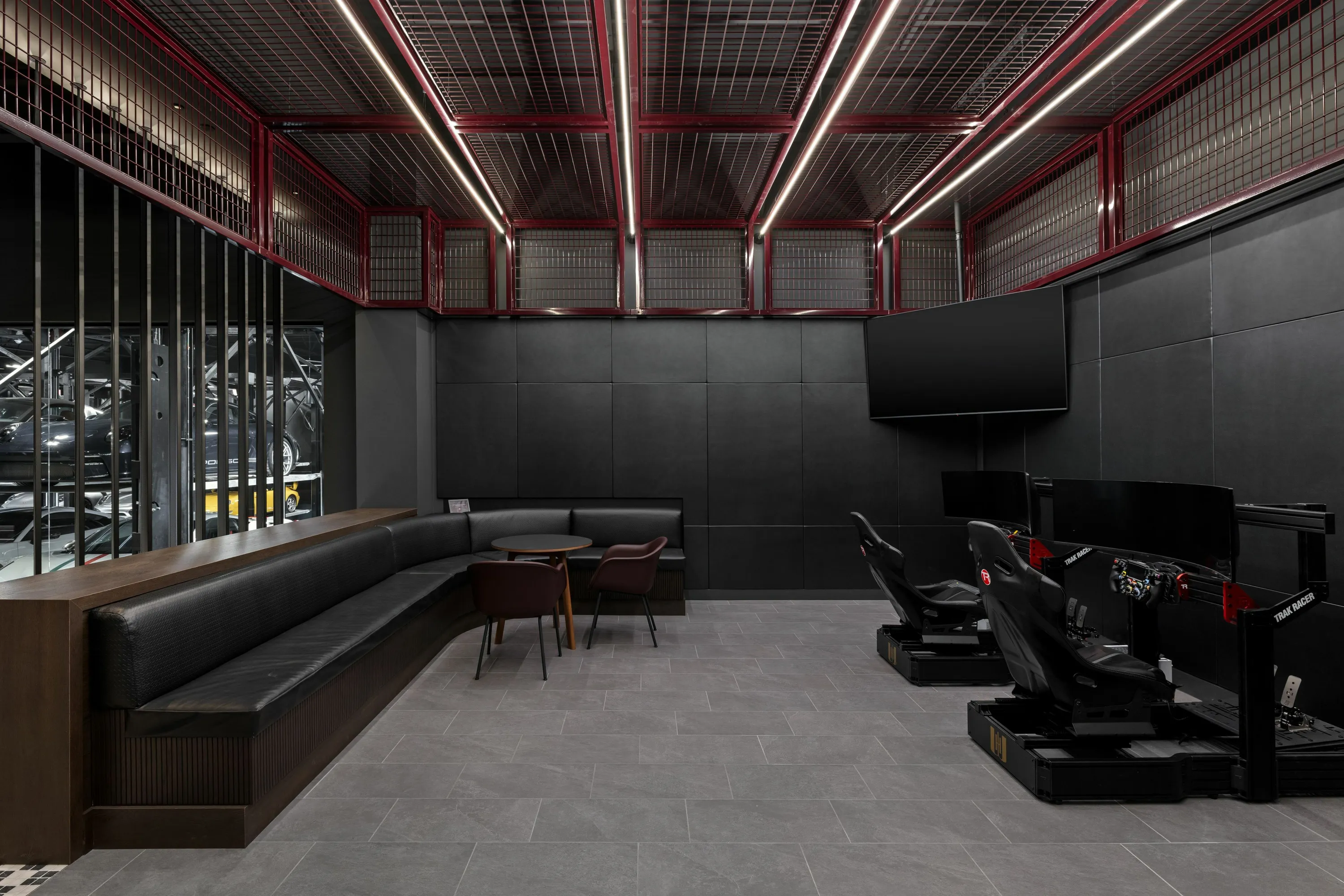 custom ceiling element in steel tube with wire mesh infill by Icon Modern