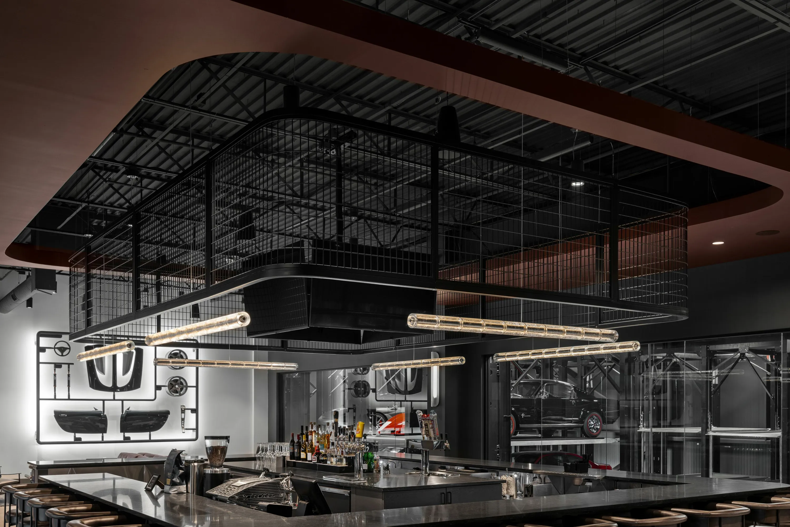 custom ceiling element in steel and wire mesh infill by Icon Modern