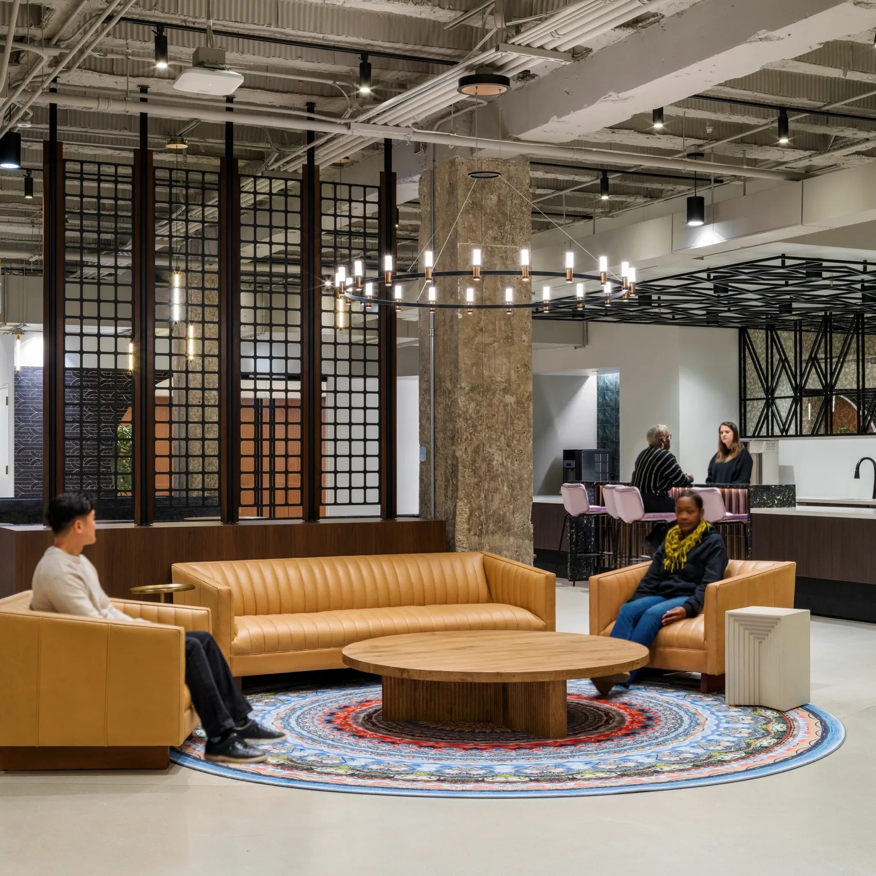 custom space divider with laser cut metal grid and wood trim by Icon Modern