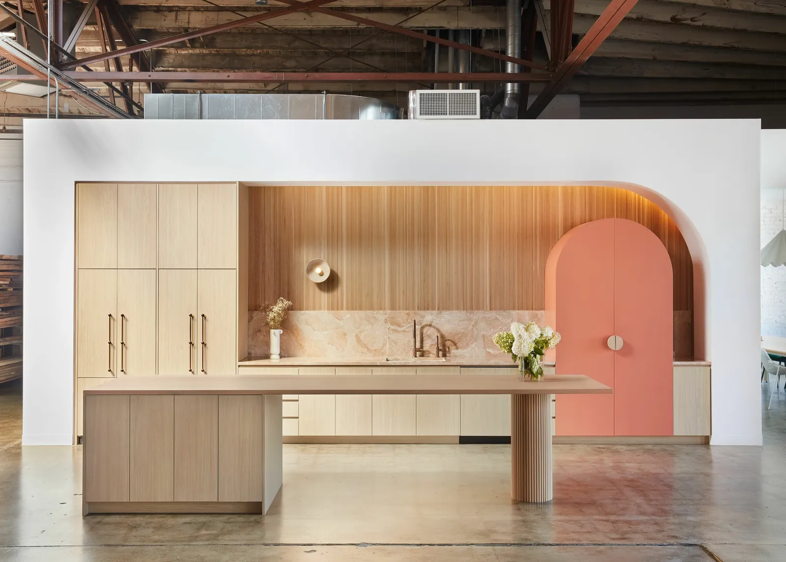 Custom oak veneer table cabinet tambour wrapped drum base Icon Modern