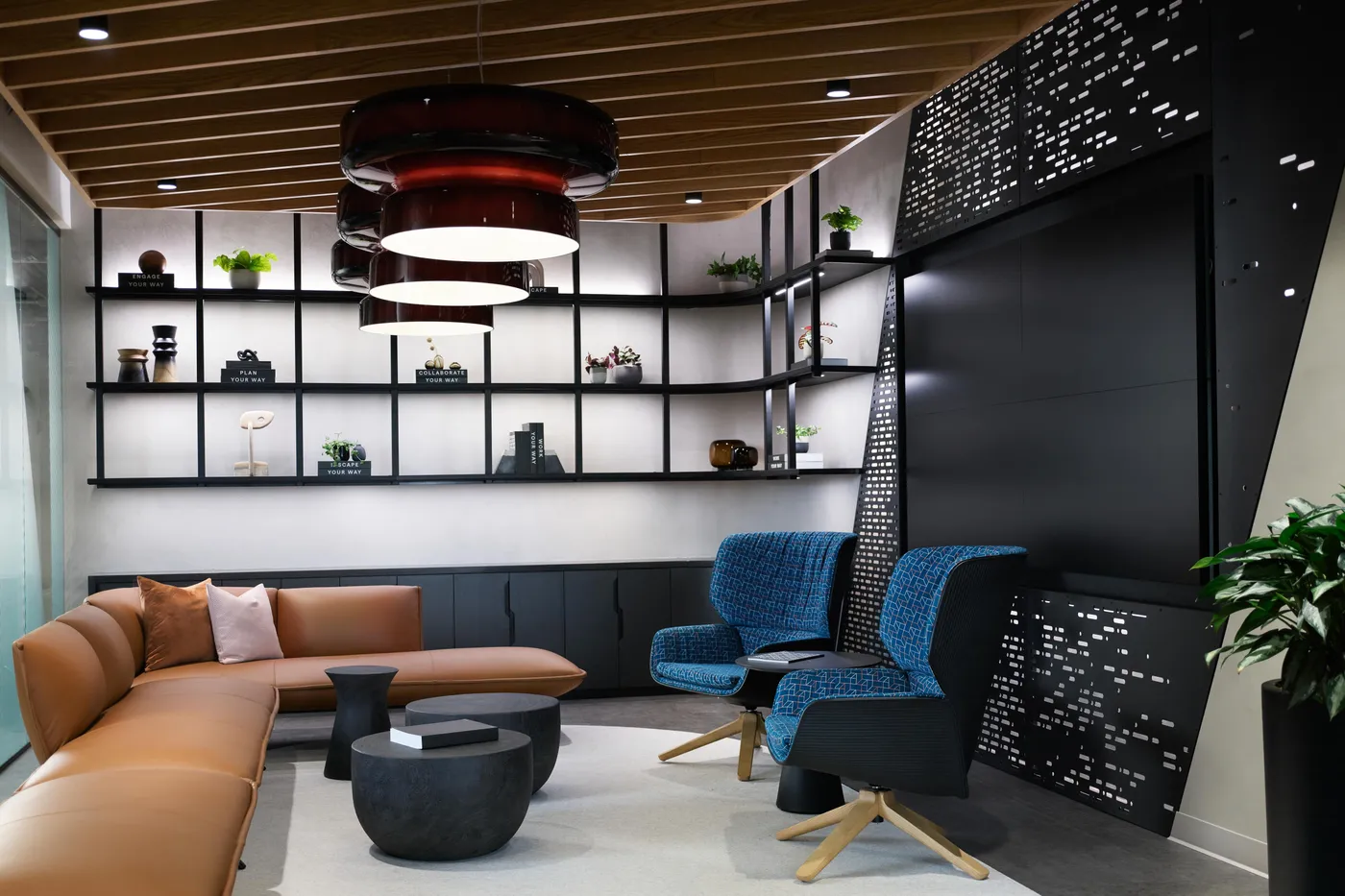 custom steel shelving and laser cut steel feature wall by Icon Modern