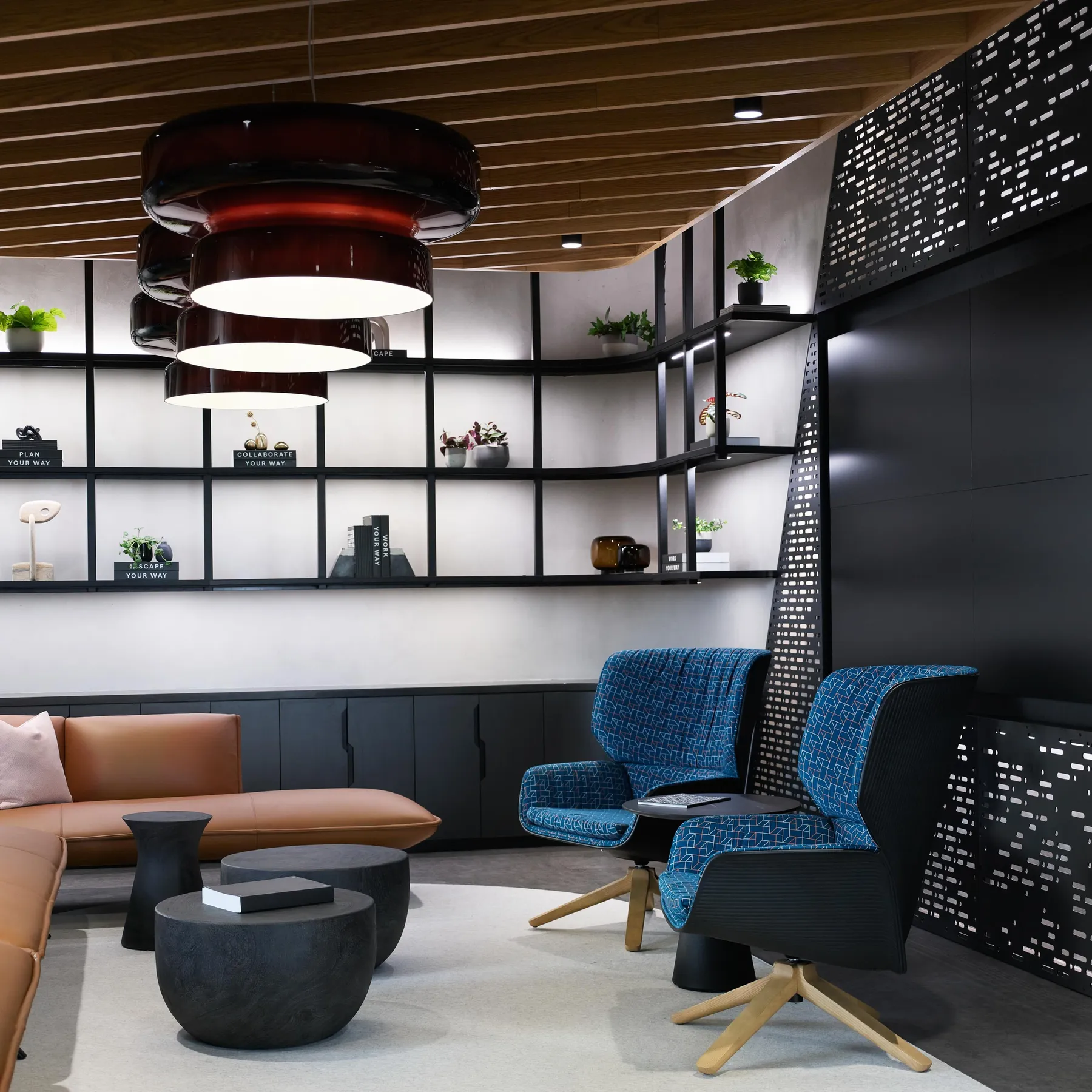 custom steel shelving and laser cut steel feature wall by Icon Modern