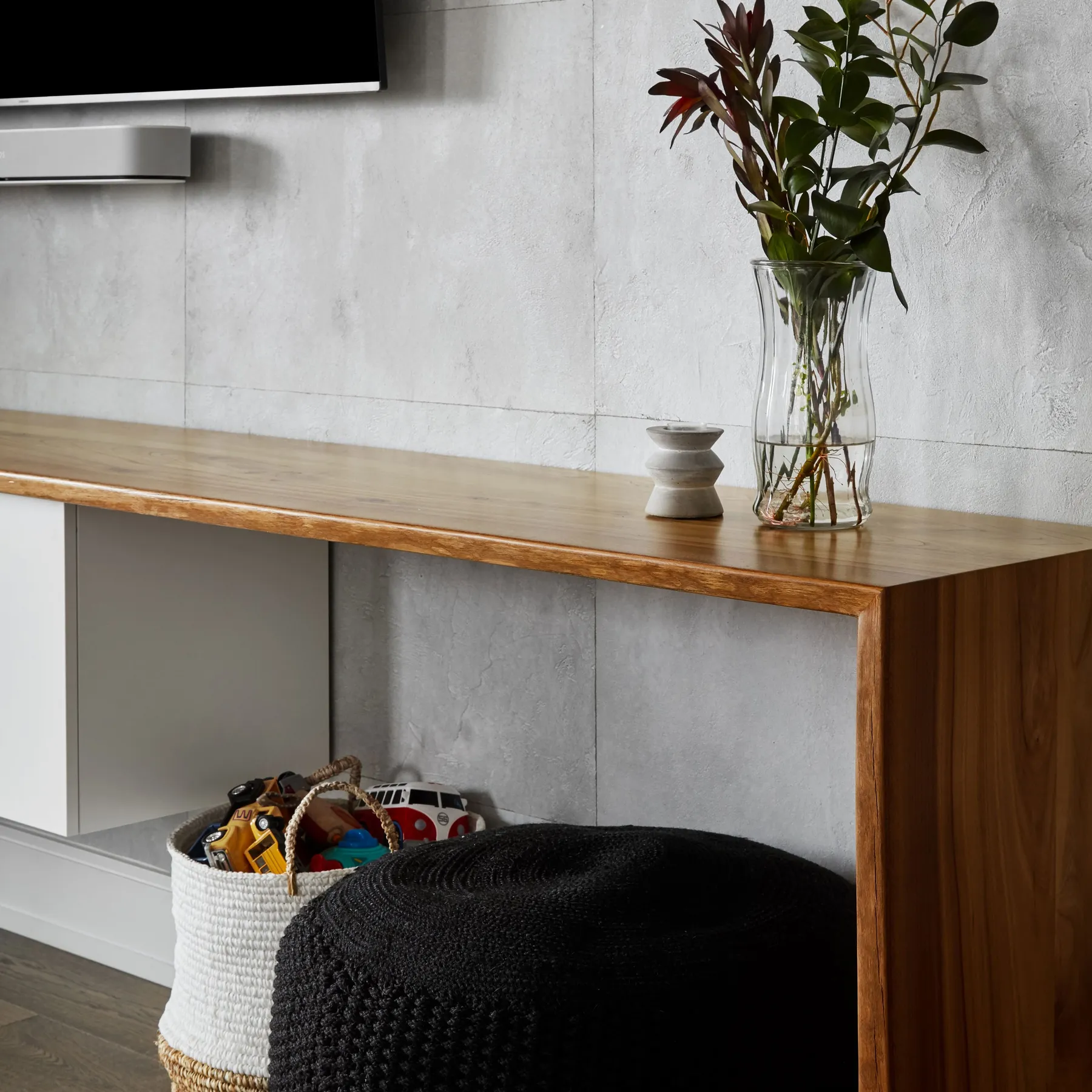 custom console wrap in urban elm by Icon Modern