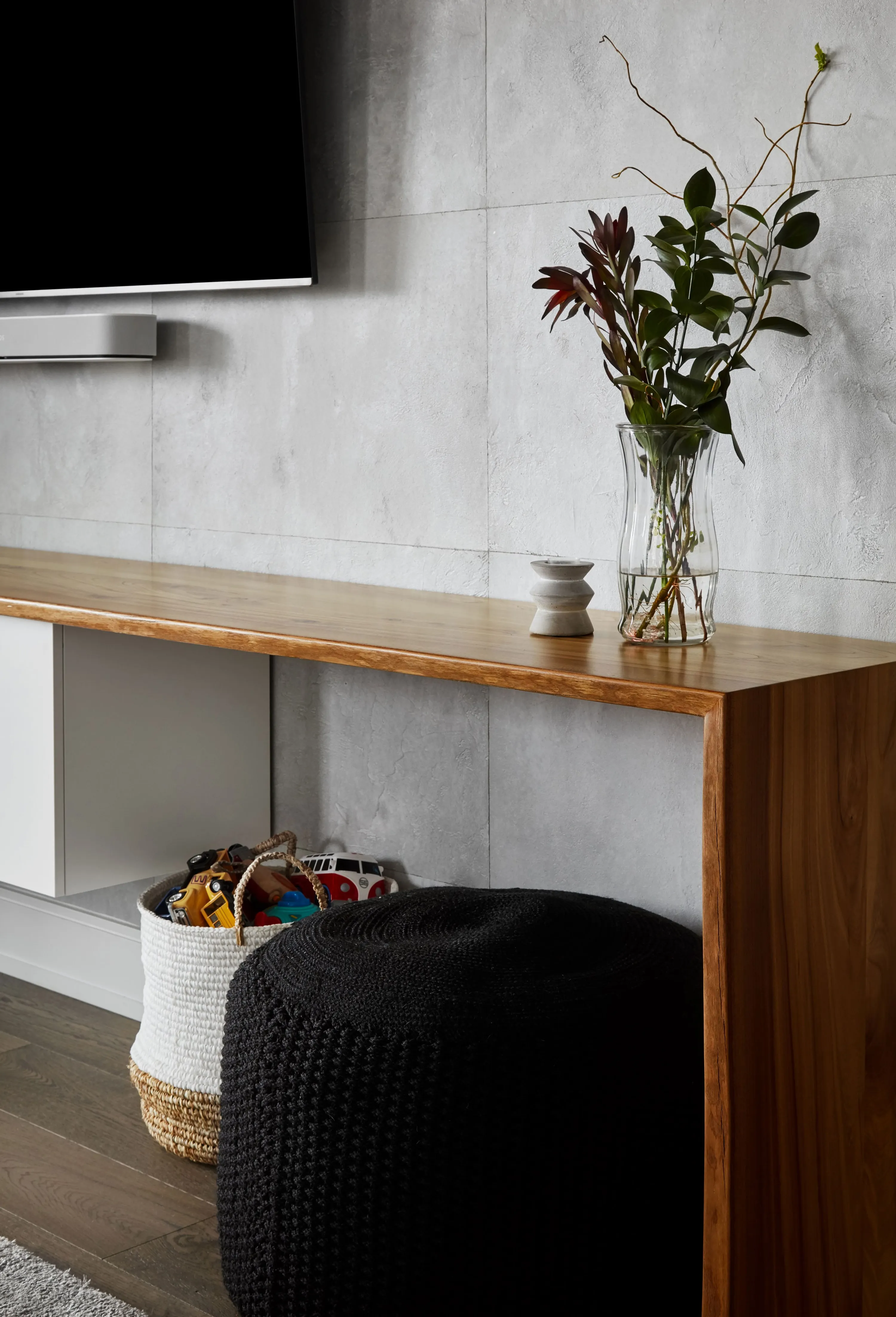 custom console wrap in urban elm by Icon Modern