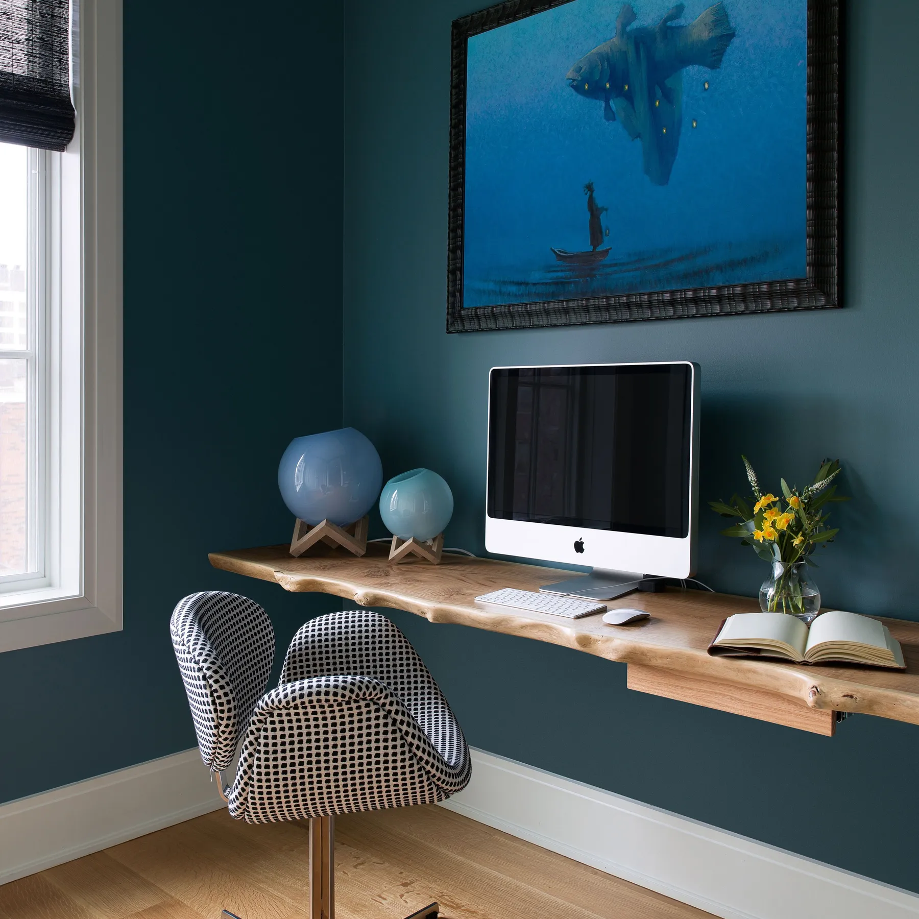 custom floating desk in honey locust by Icon Modern