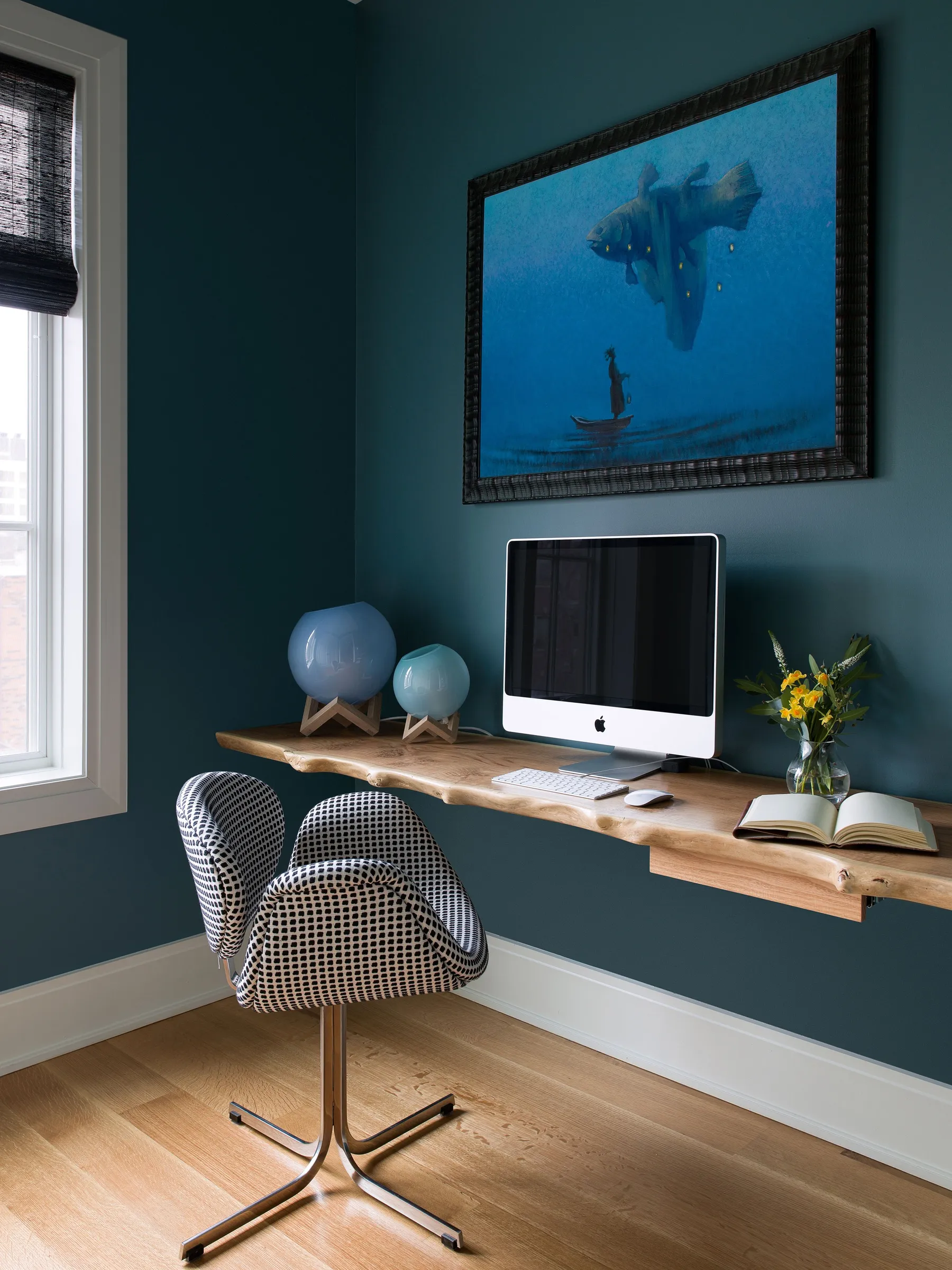 custom floating desk in honey locust by Icon Modern