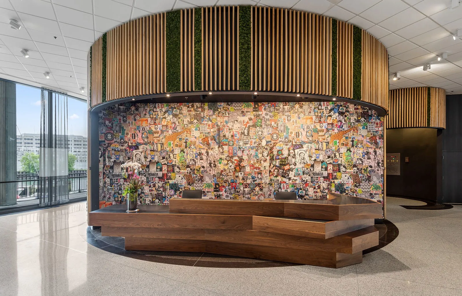 custom wall treatments in urban ash slats and faux plants by Icon Modern