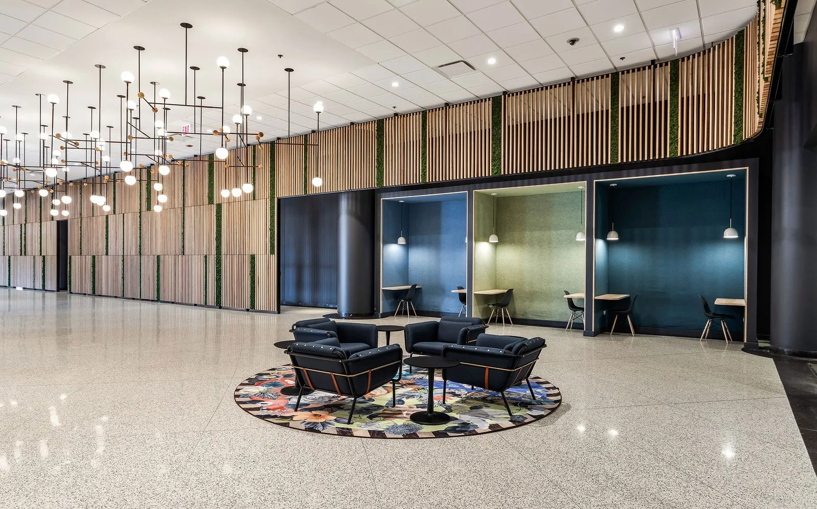 custom wall treatments in urban ash slats with faux plants by Icon Modern