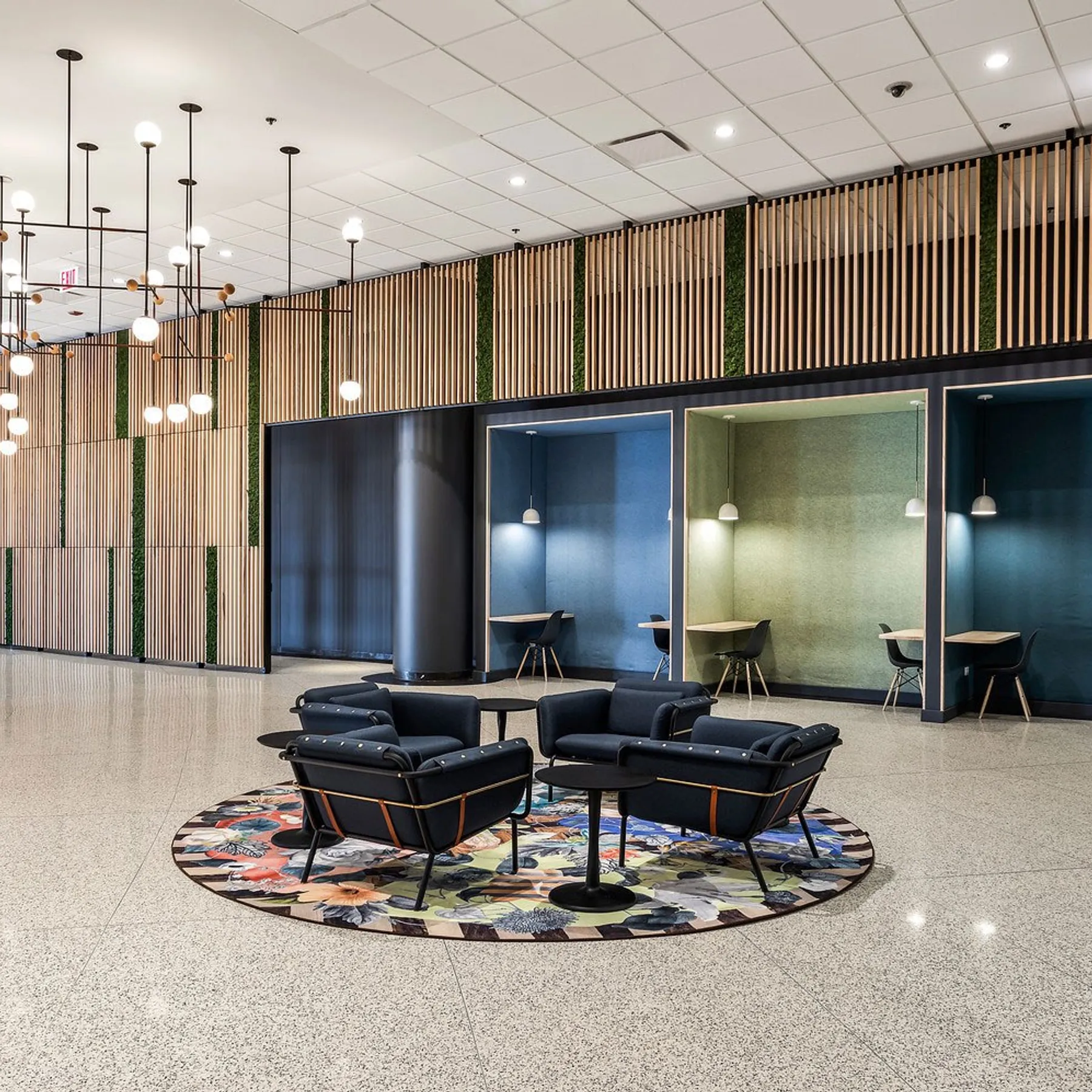 custom wall treatments in urban ash slats with faux plants by Icon Modern